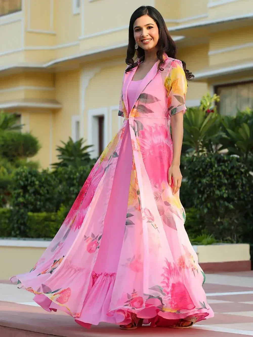 Pink floral ethnic gown with sheer overlay, perfect for Indian occasions and festive wear