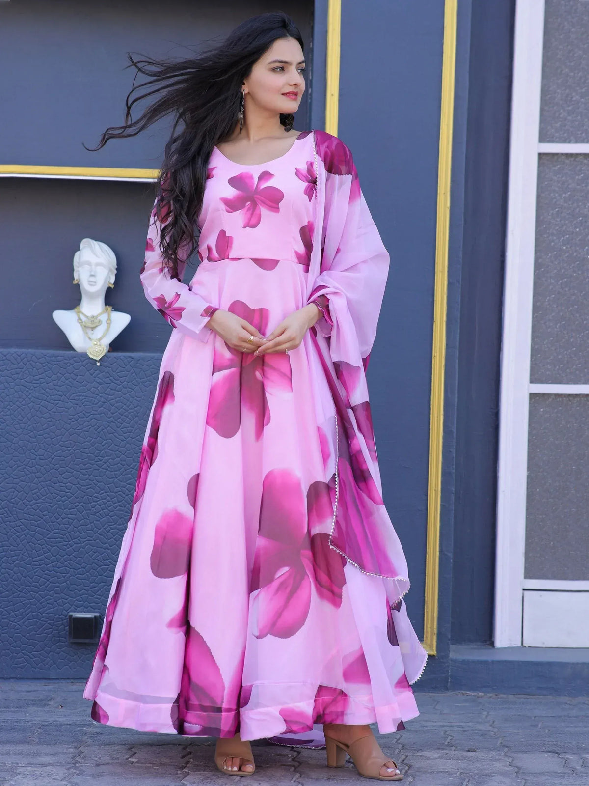 Pink floral print ethnic gown with matching dupatta, stylish Indian wear for women
