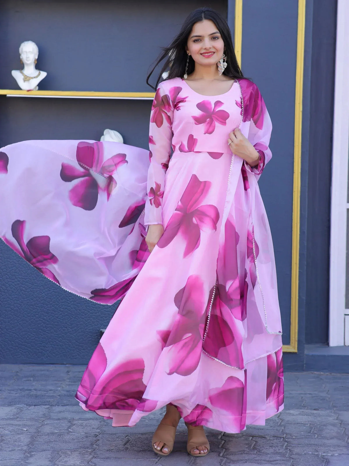 Pink floral print ethnic gown with matching dupatta, stylish Indian wear for women