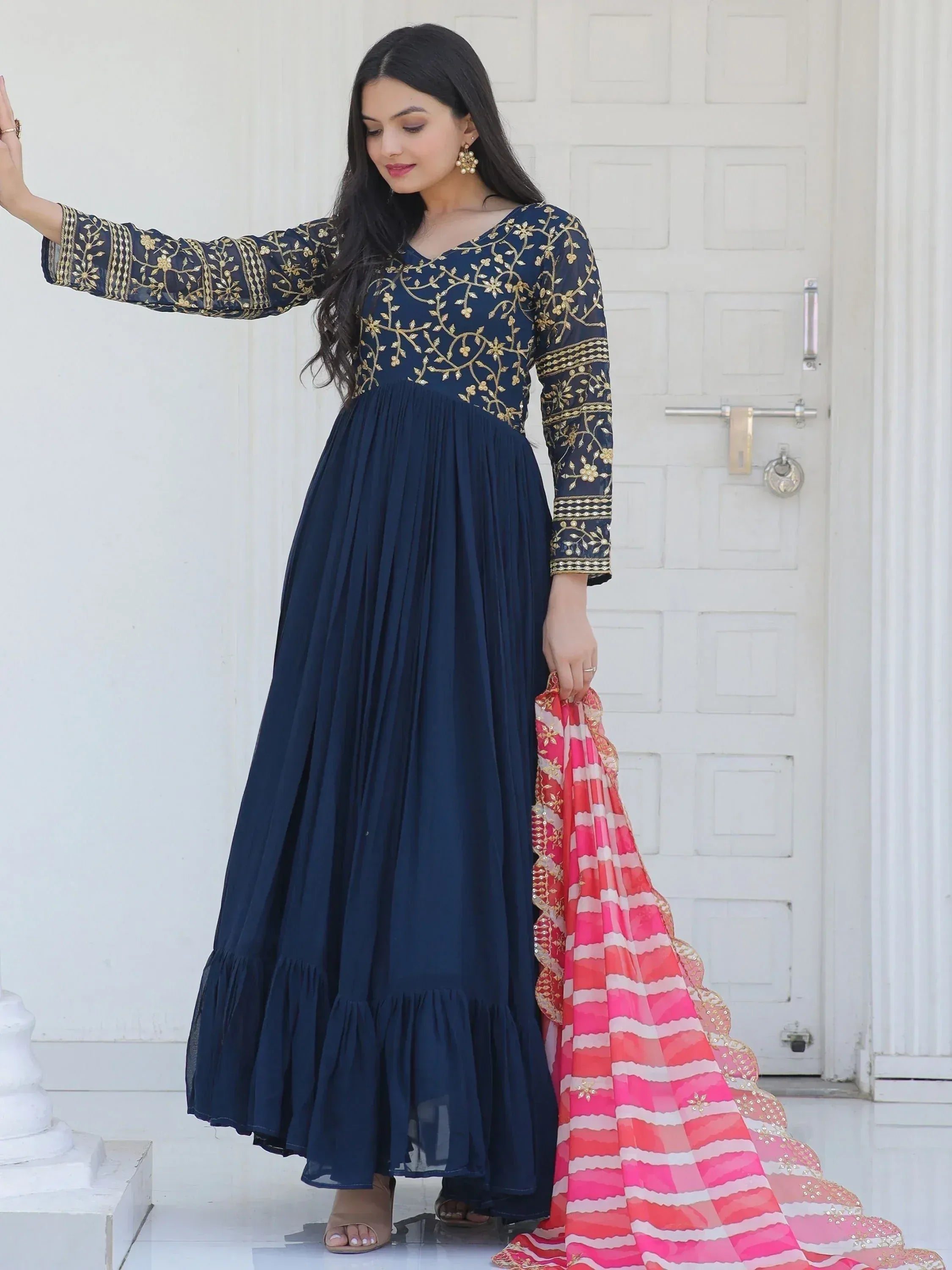 Navy blue embroidered anarkali with gold detailing and pink striped dupatta, Indian ethnic wear