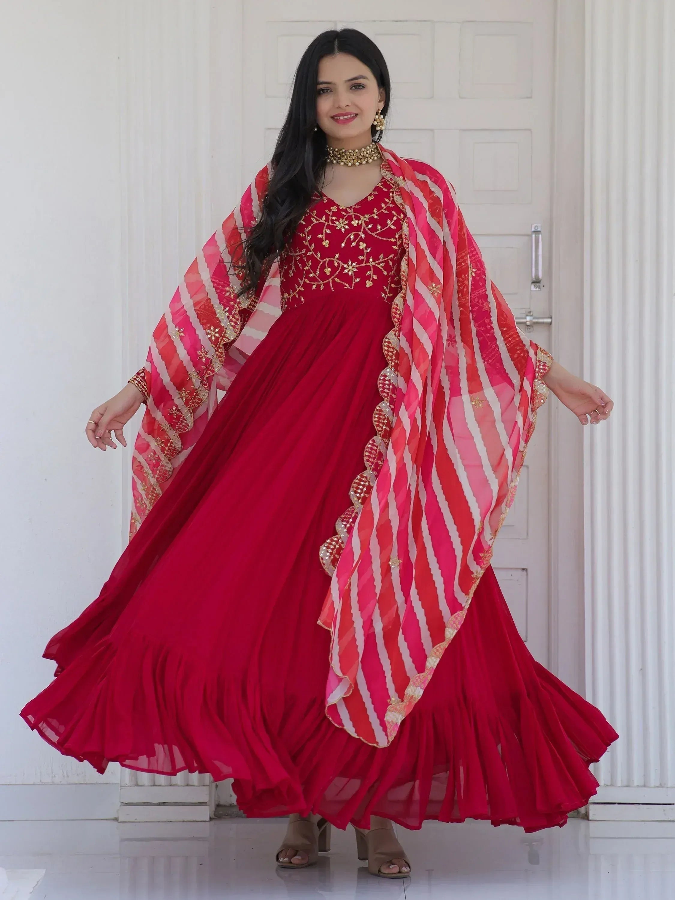 Red embroidered anarkali gown with striped dupatta, Indian ethnic wear for women