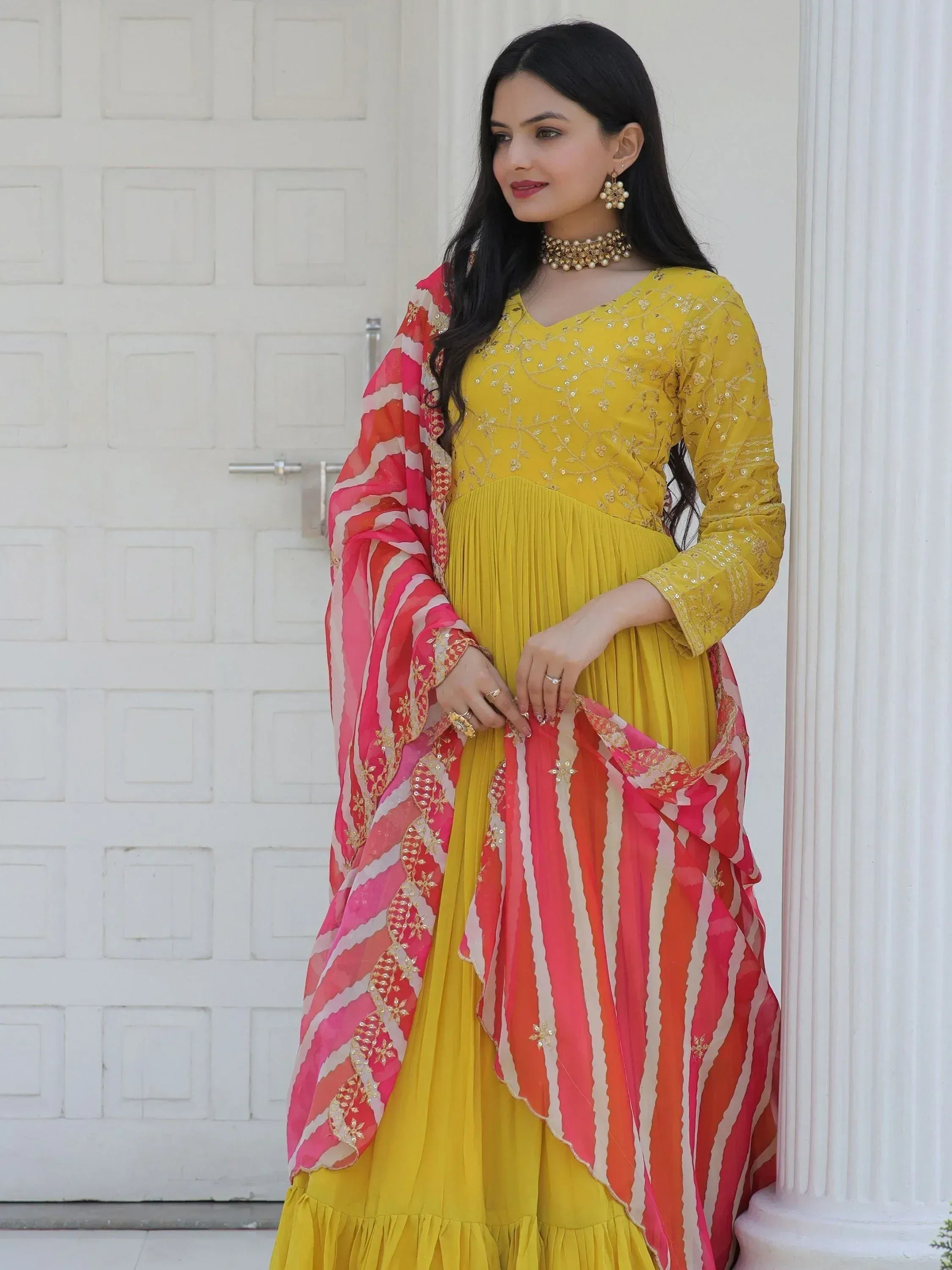 Yellow embroidered anarkali with pink striped dupatta, Indian ethnic wear for women