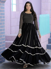 Wonderful Black Sequins Georgette Reception Wear Gown