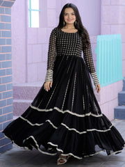 Wonderful Black Sequins Georgette Reception Wear Gown