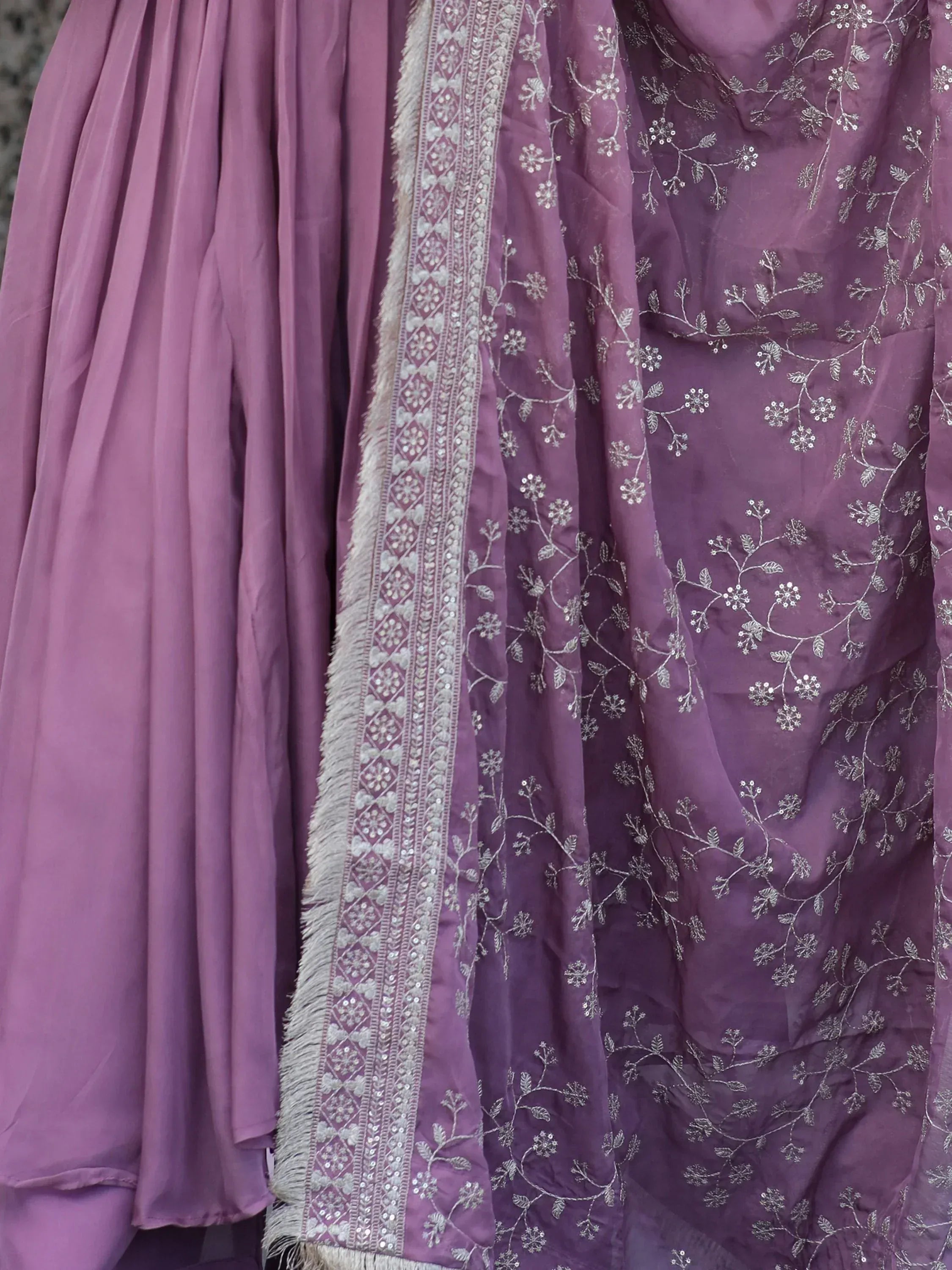 Purple ethnic lehenga with silver floral embroidery and detailed border