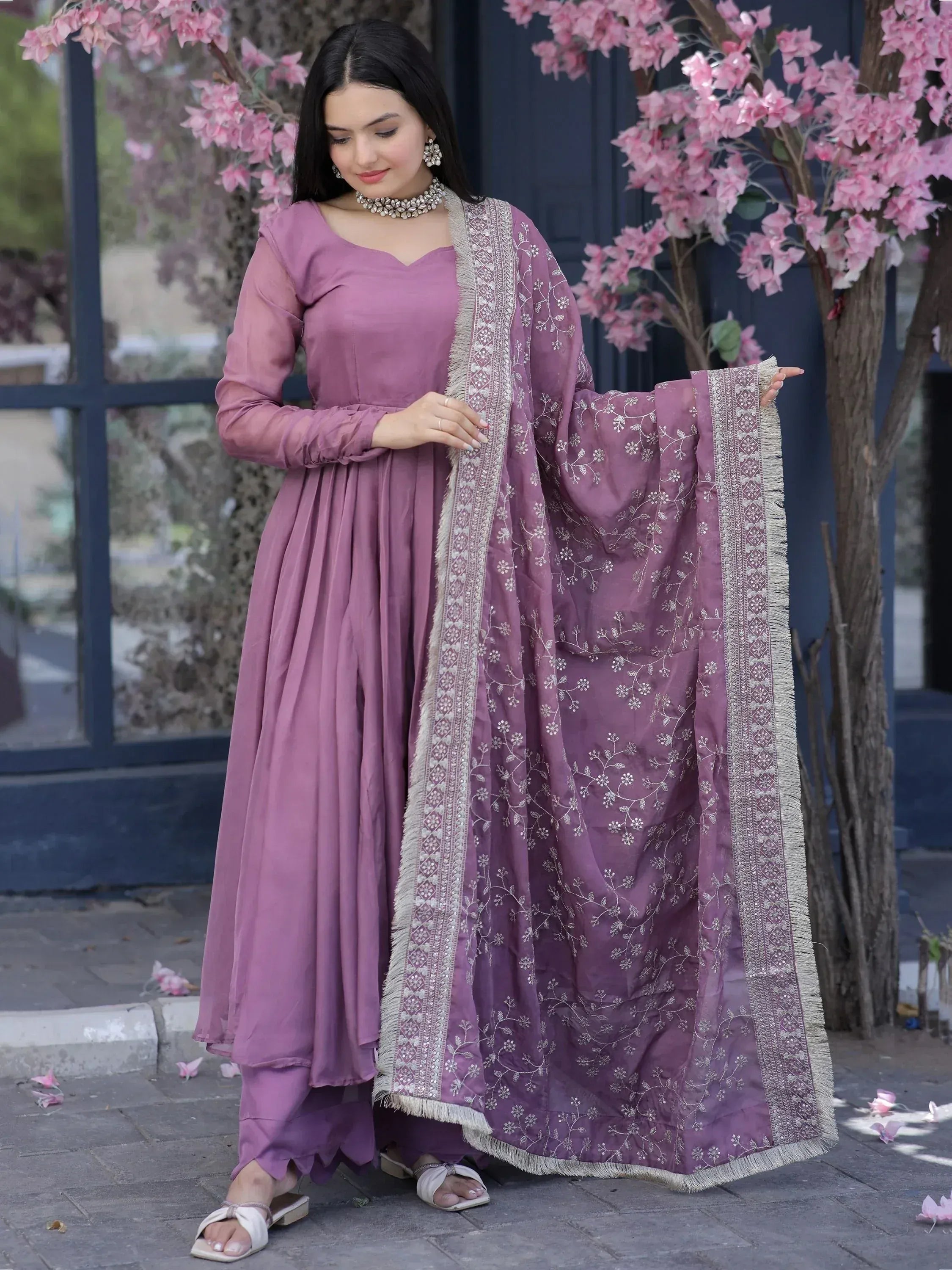 Mauve ethnic salwar kameez with floral embroidery and dupatta, perfect for Indian occasions