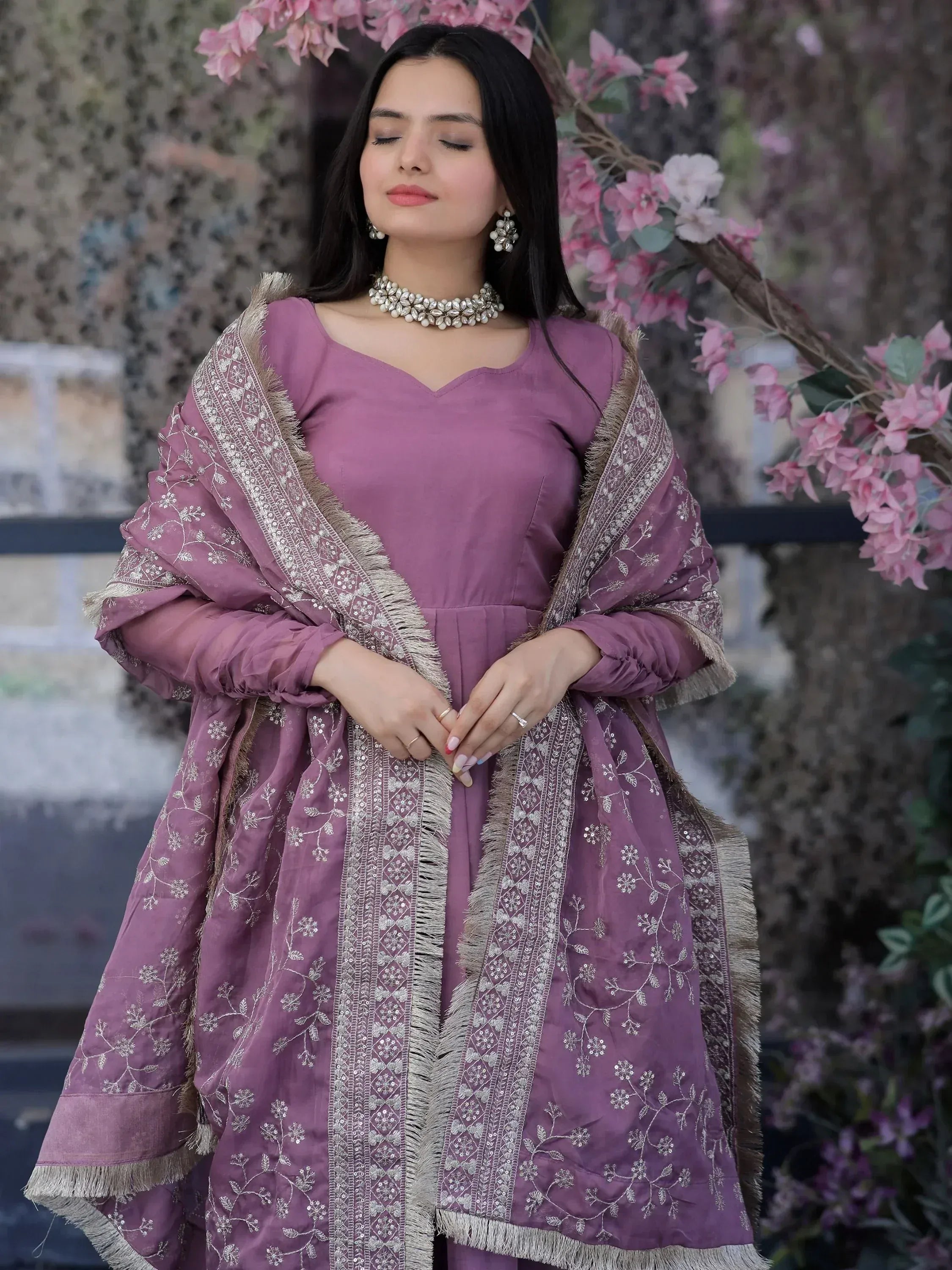 Purple embroidered salwar kameez with floral dupatta, perfect for Indian ethnic wear occasions