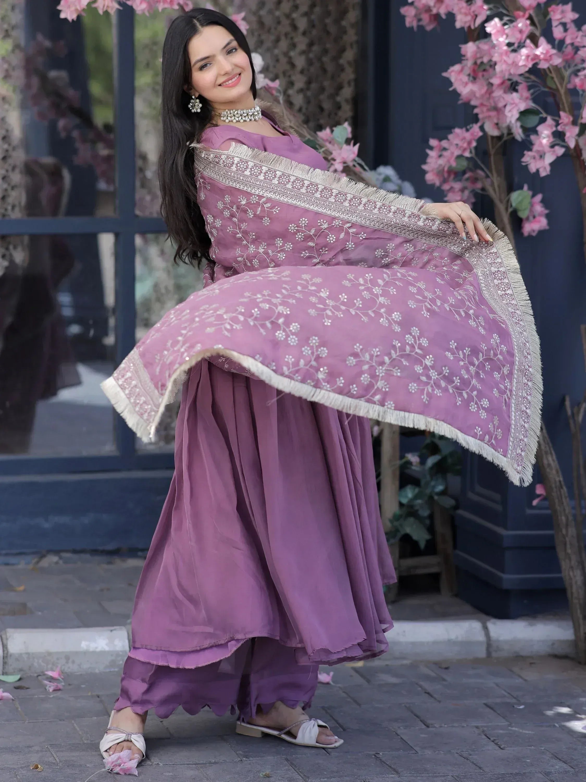 Purple embroidered salwar kameez with floral dupatta, perfect for Indian ethnic wear occasions