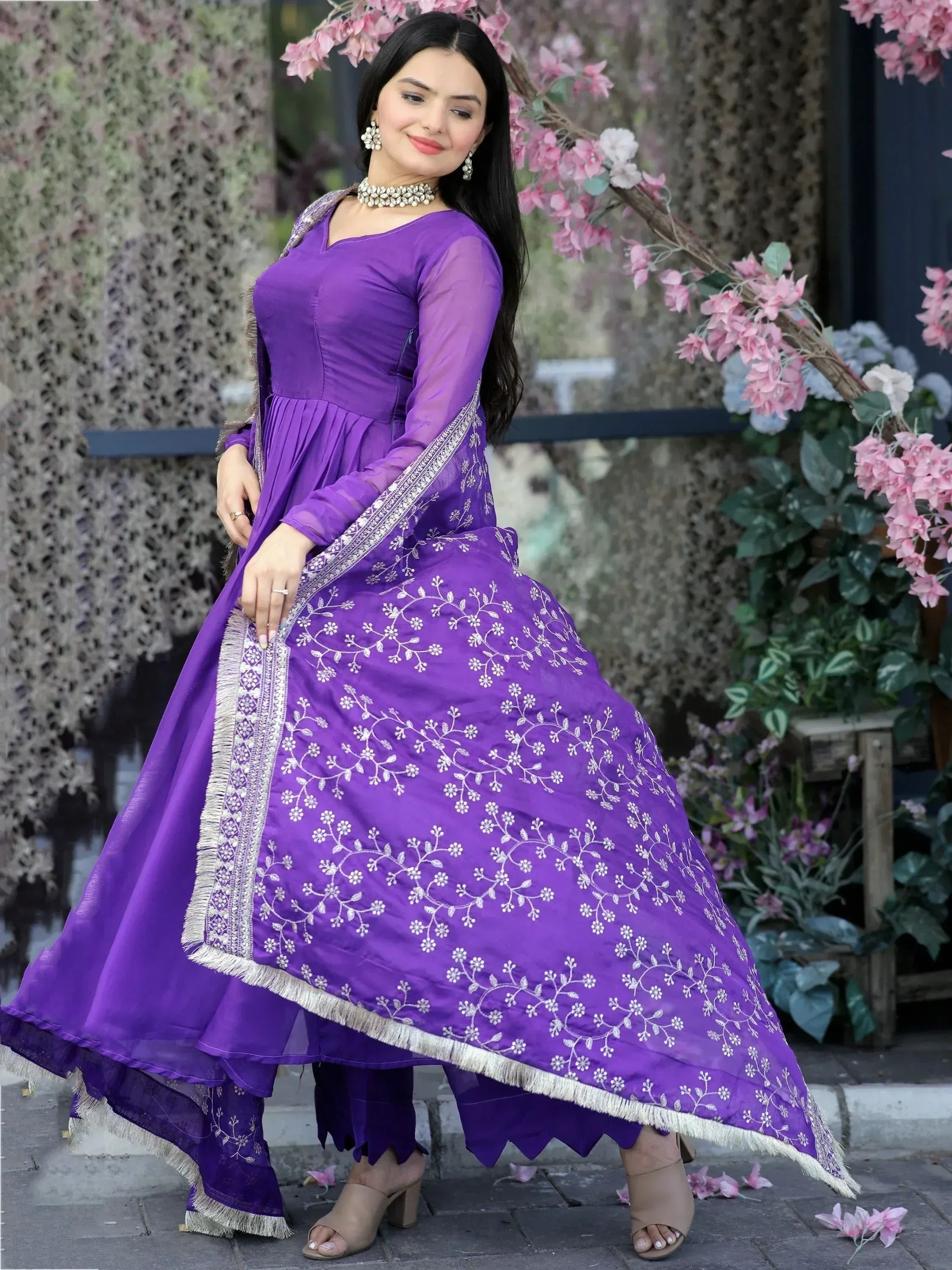 Purple embroidered anarkali suit with floral dupatta, perfect for Indian ethnic occasions