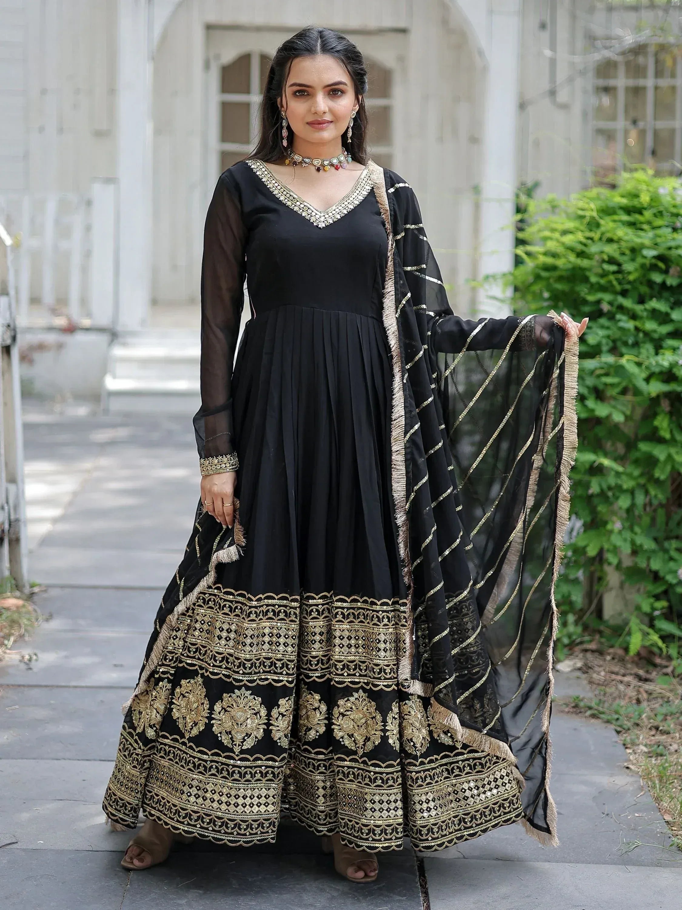Black and gold embroidered anarkali suit with sheer dupatta, Indian ethnic wear for women