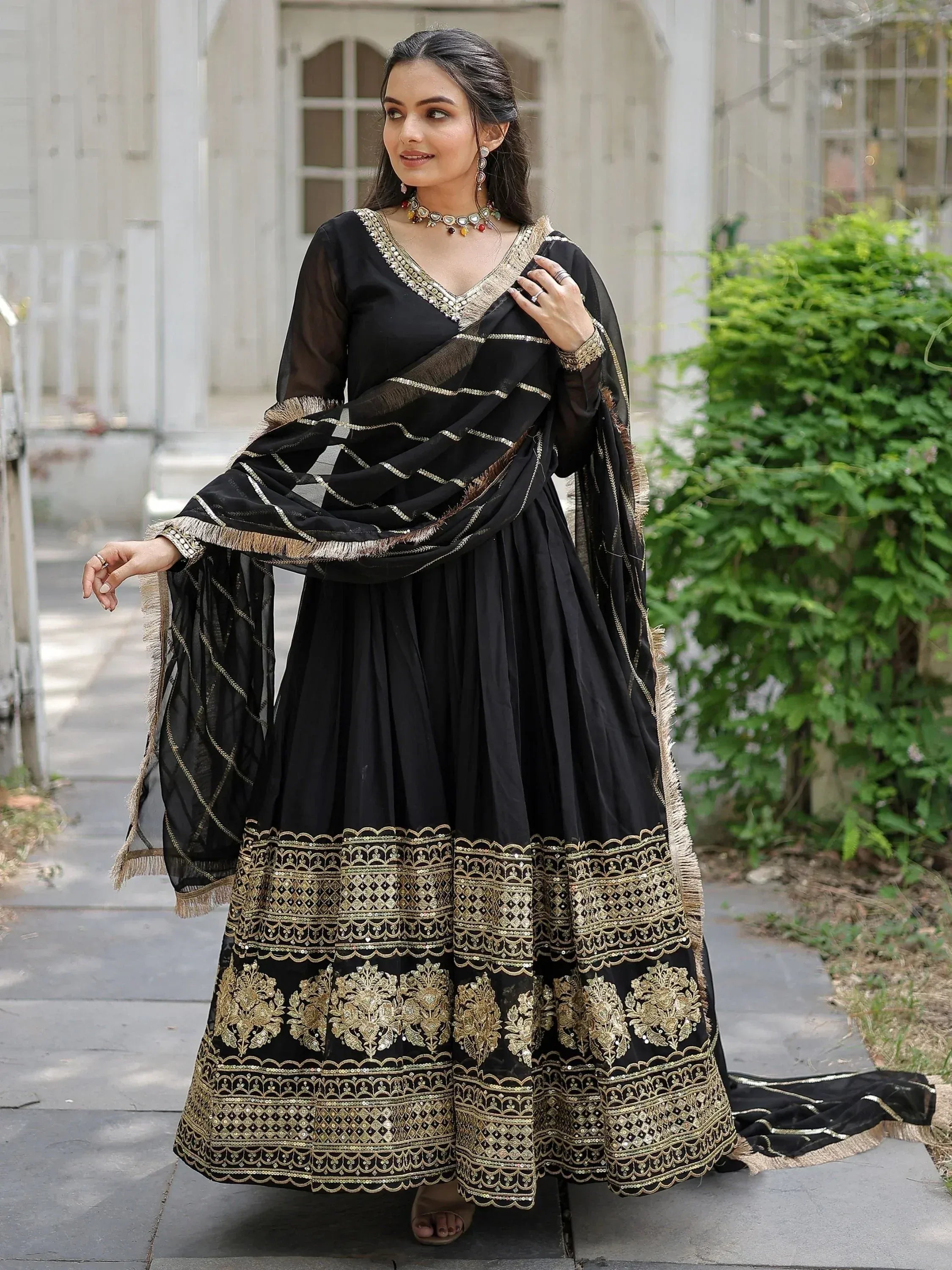 Black and gold embroidered anarkali suit with dupatta, Indian ethnic wear for women