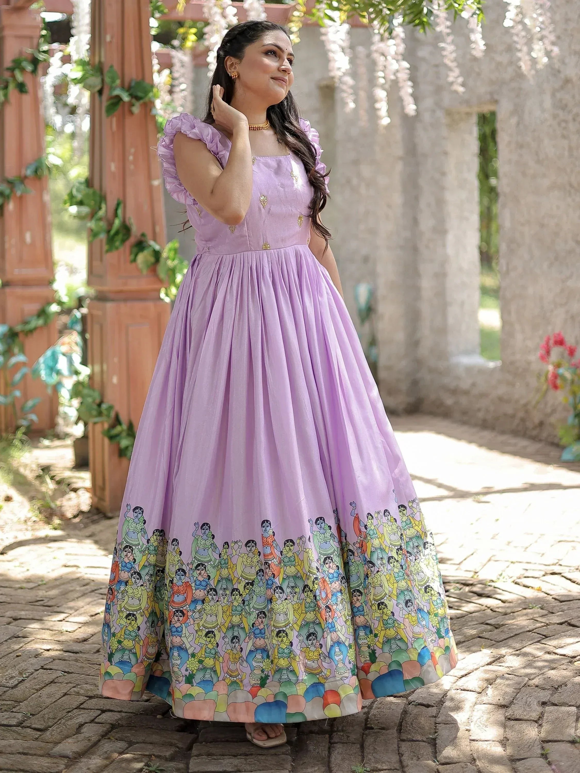 Lavender ethnic gown with colorful folk art print, ruffled sleeves, perfect for Indian occasions