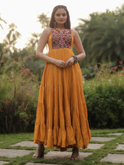 Mesmerizing Yellow Gamthi Work Rayon Navratri Wear Gown