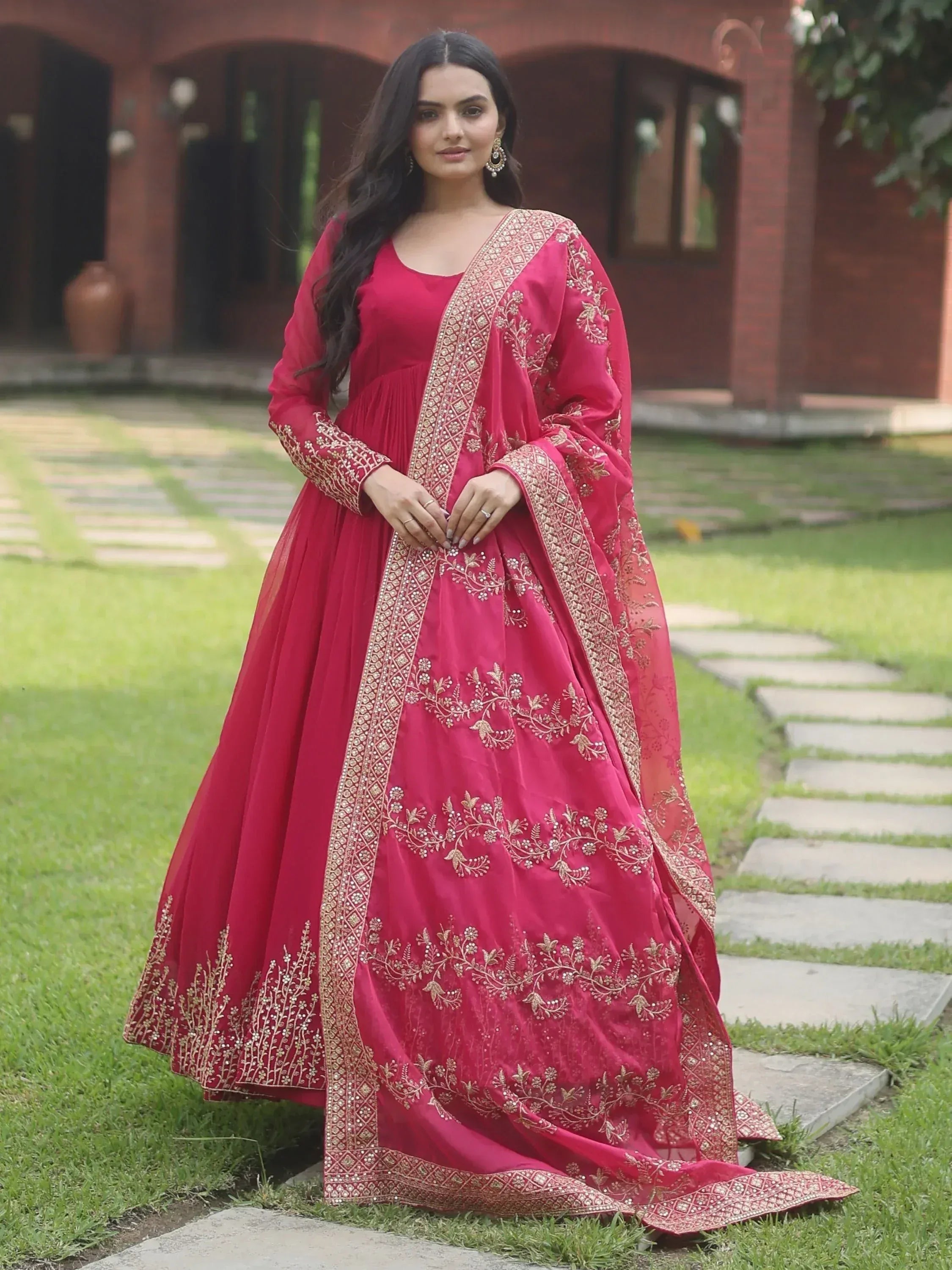 Red embroidered anarkali suit with gold detailing, perfect for Indian ethnic occasions