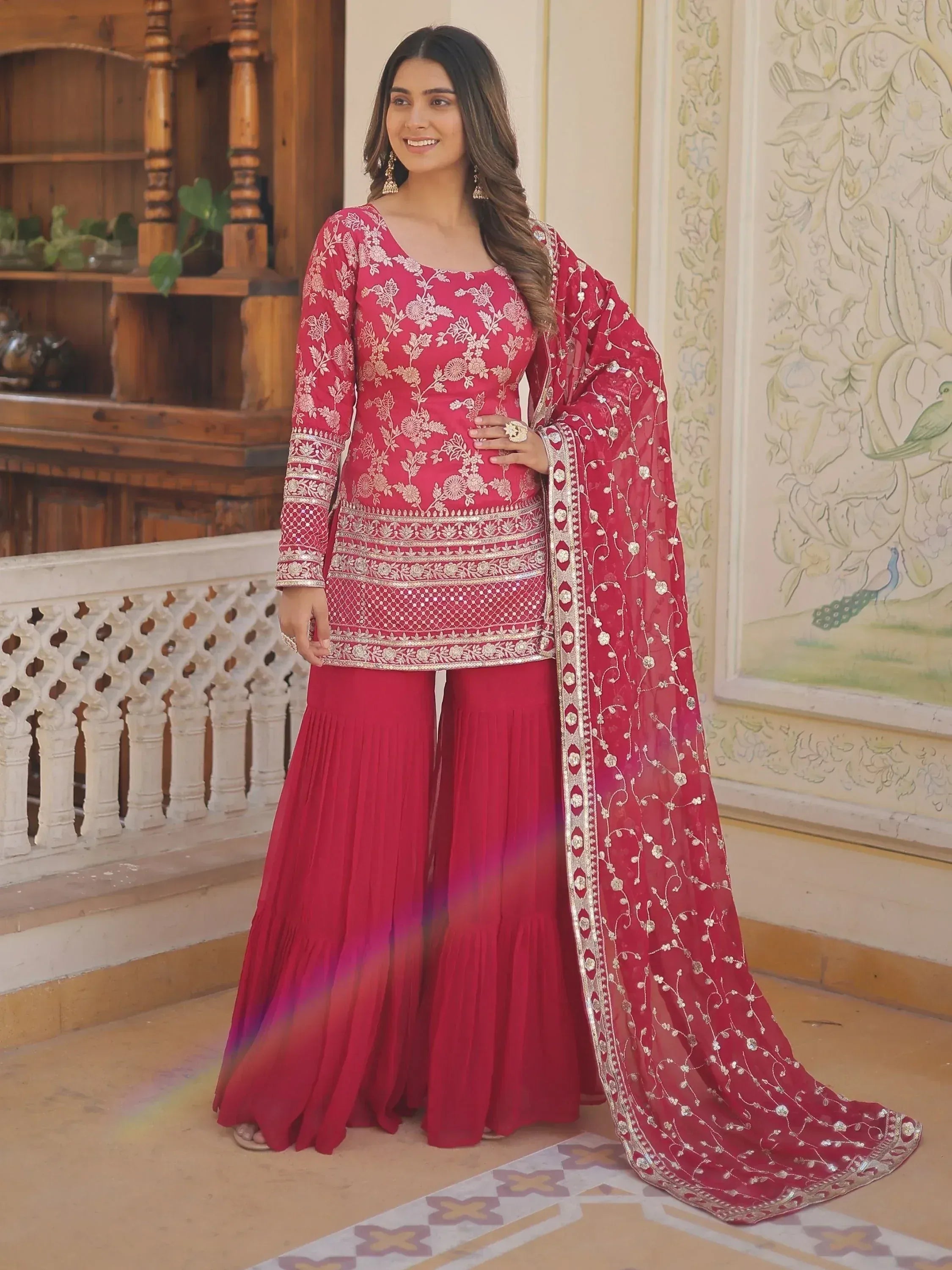 Elegant red embroidered salwar kameez with floral work and matching dupatta for Indian ethnic wear