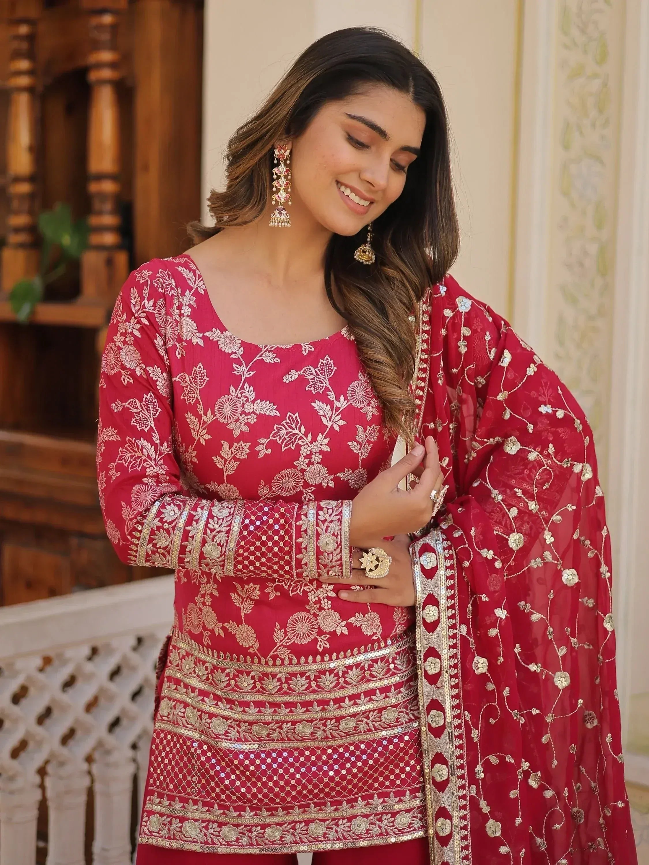 Red embroidered salwar kameez with floral gold work, perfect for Indian ethnic wear occasions