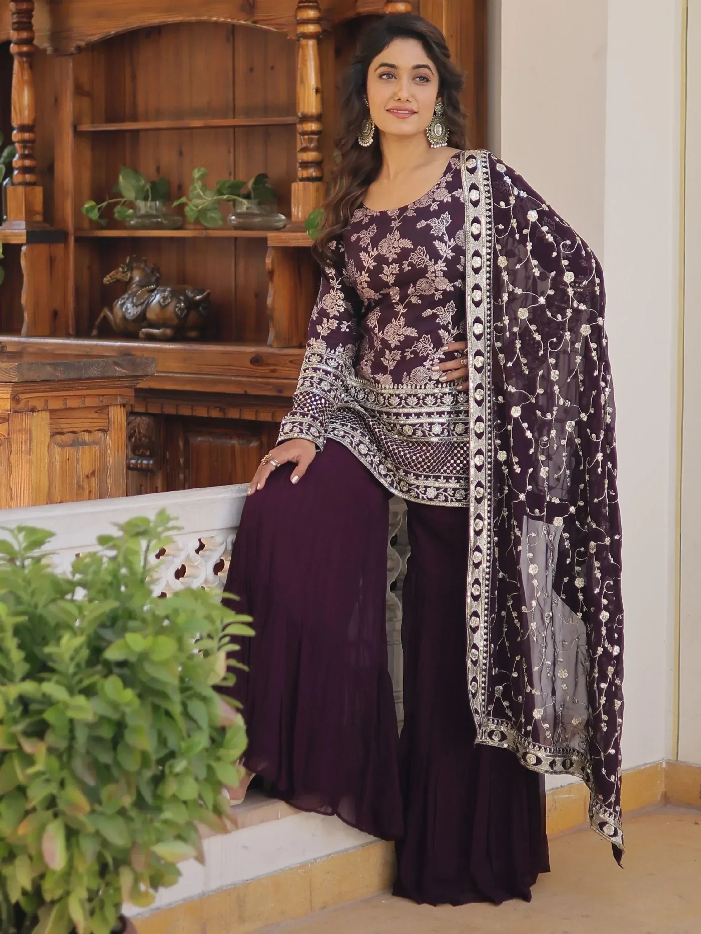 Elegant purple embroidered salwar kameez with floral detailing and matching dupatta for Indian ethnic wear