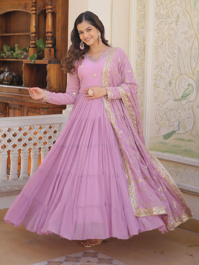Pretty Light Purple Sequins Georgette Function Wear Gown With Dupatta