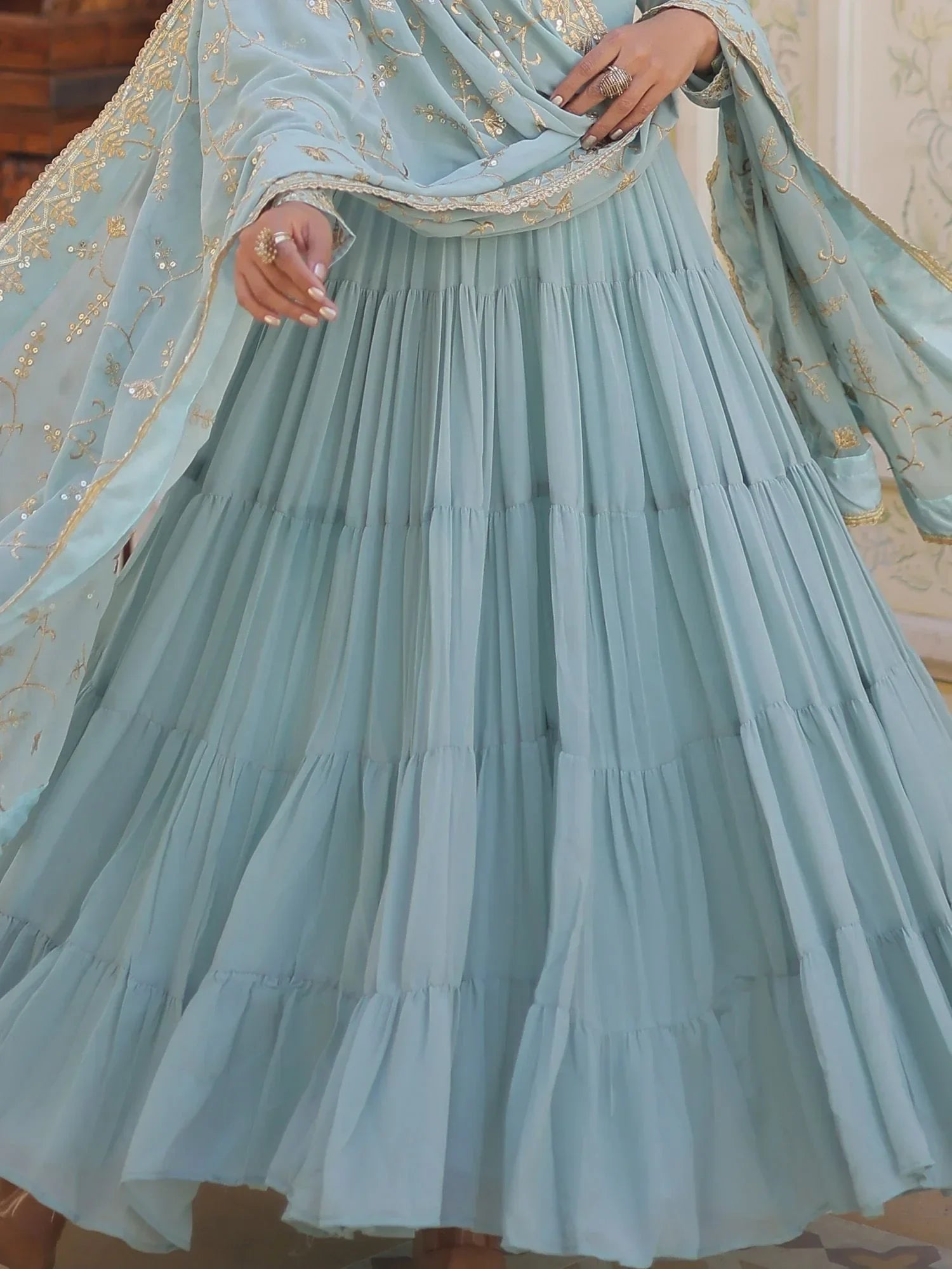 Sky blue tiered lehenga with gold embroidered dupatta, Indian ethnic wear