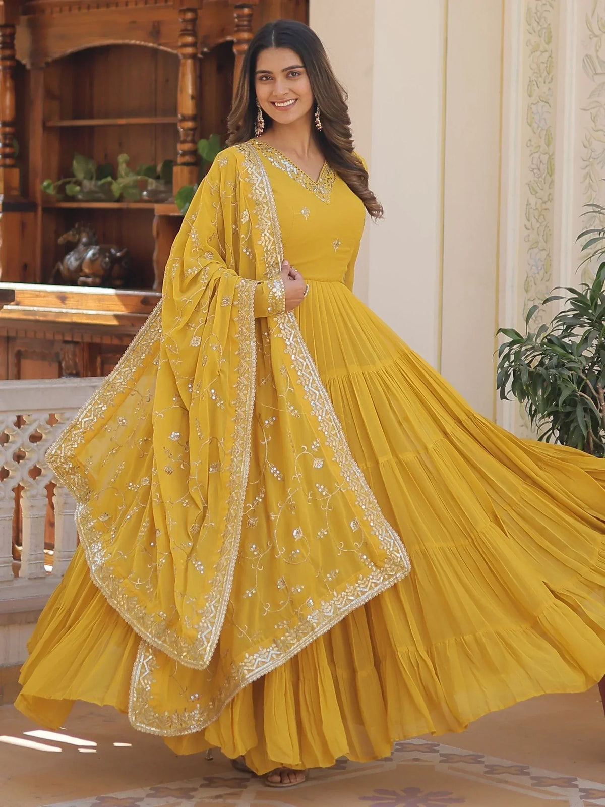 Yellow embroidered anarkali suit with dupatta, Indian ethnic wear for women