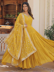 Dazzling Yellow Embroidered Georgette Haldi Wear Gown With Dupatta