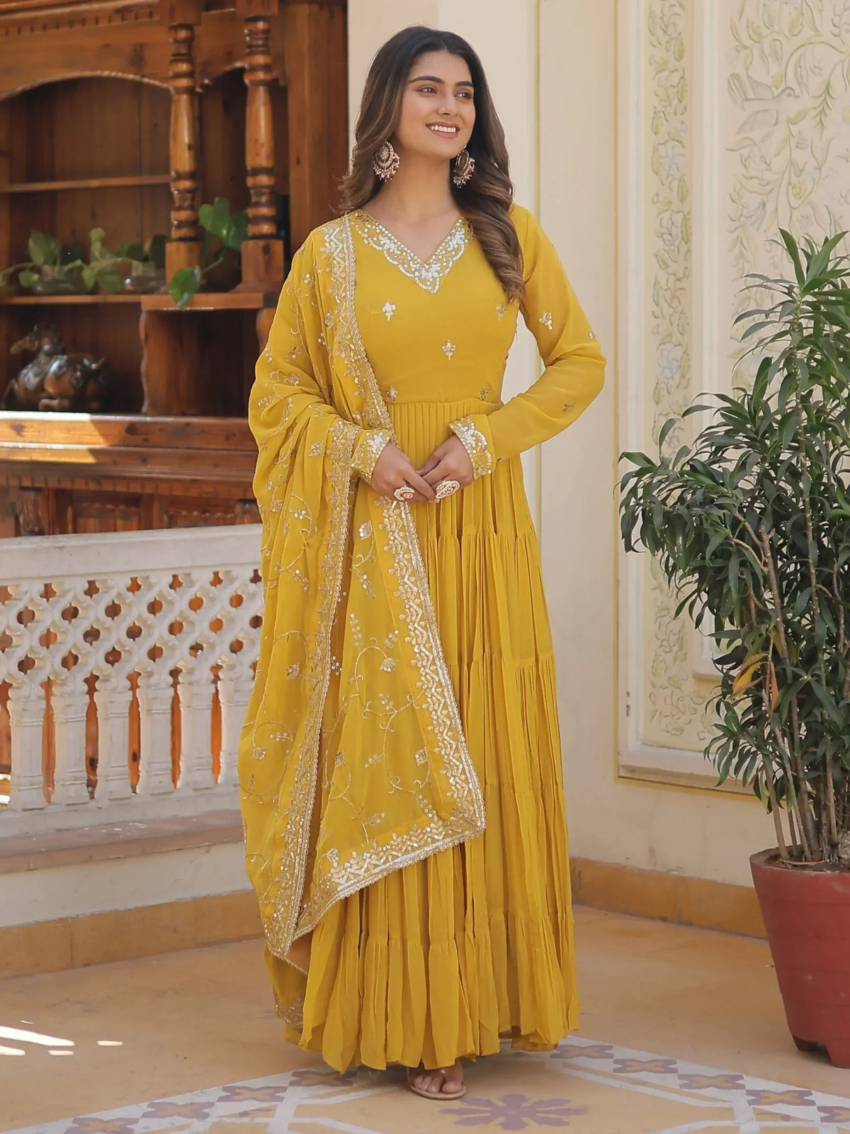 Yellow embroidered anarkali suit with dupatta, Indian ethnic wear for women