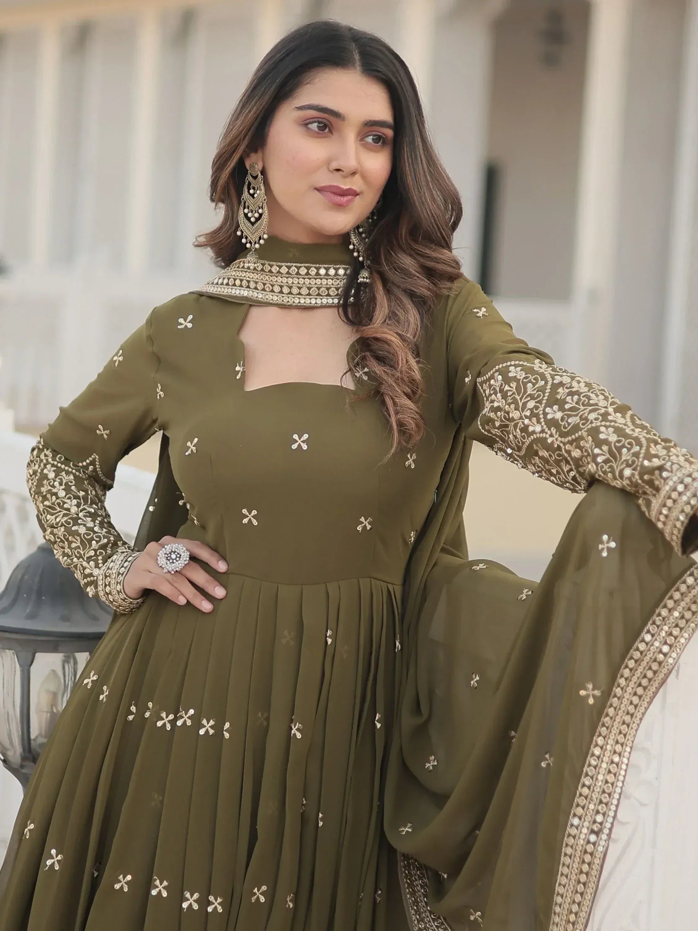 Olive green embroidered anarkali suit with gold detailing, perfect for Indian ethnic occasions
