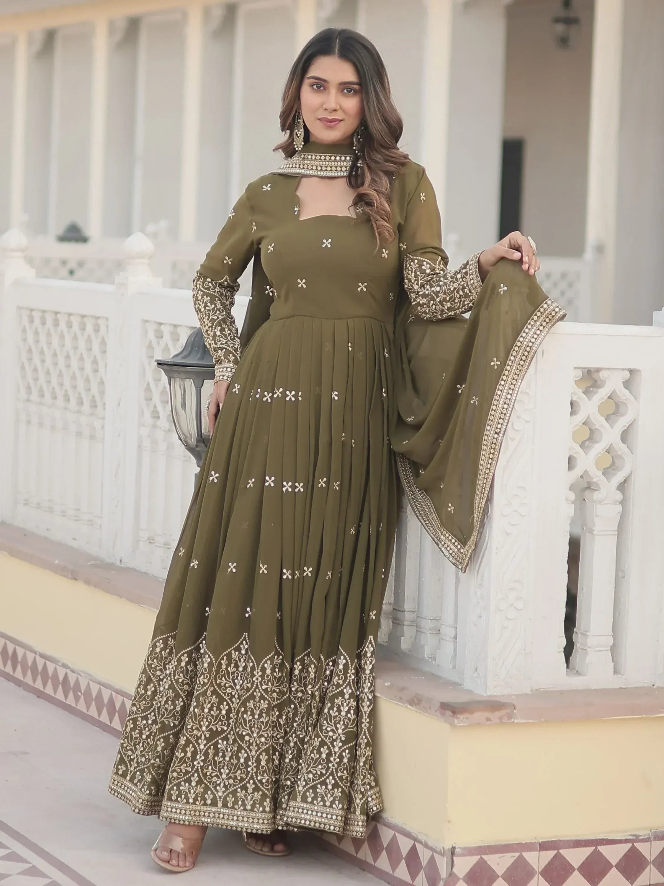 Olive green embroidered anarkali suit with dupatta, Indian ethnic wear for women
