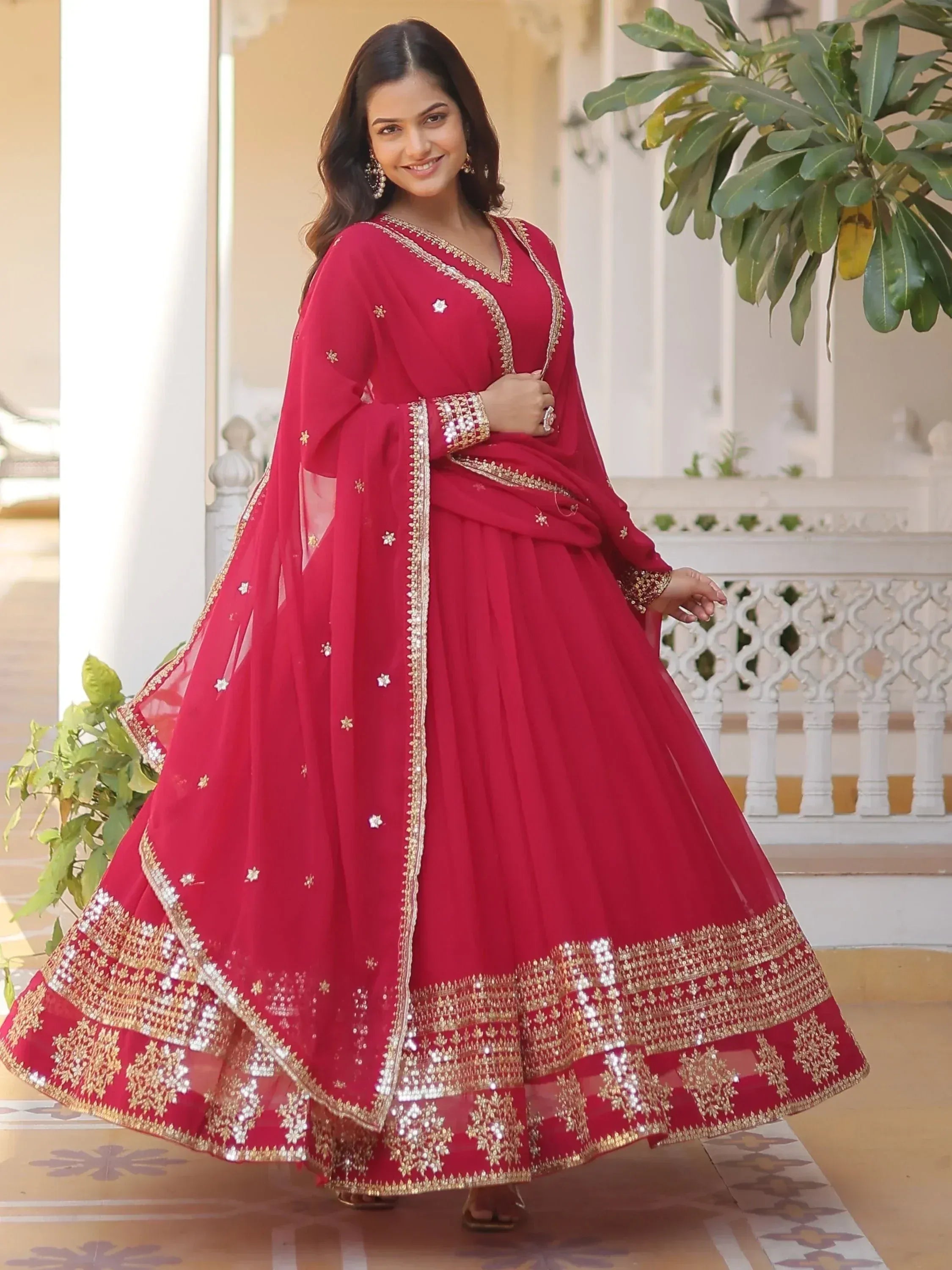 Red designer anarkali with gold embroidery, perfect for Indian ethnic wear occasions