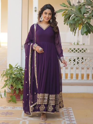 Fabulous Purple Sequins Georgette Reception Wear Gown With Dupatta