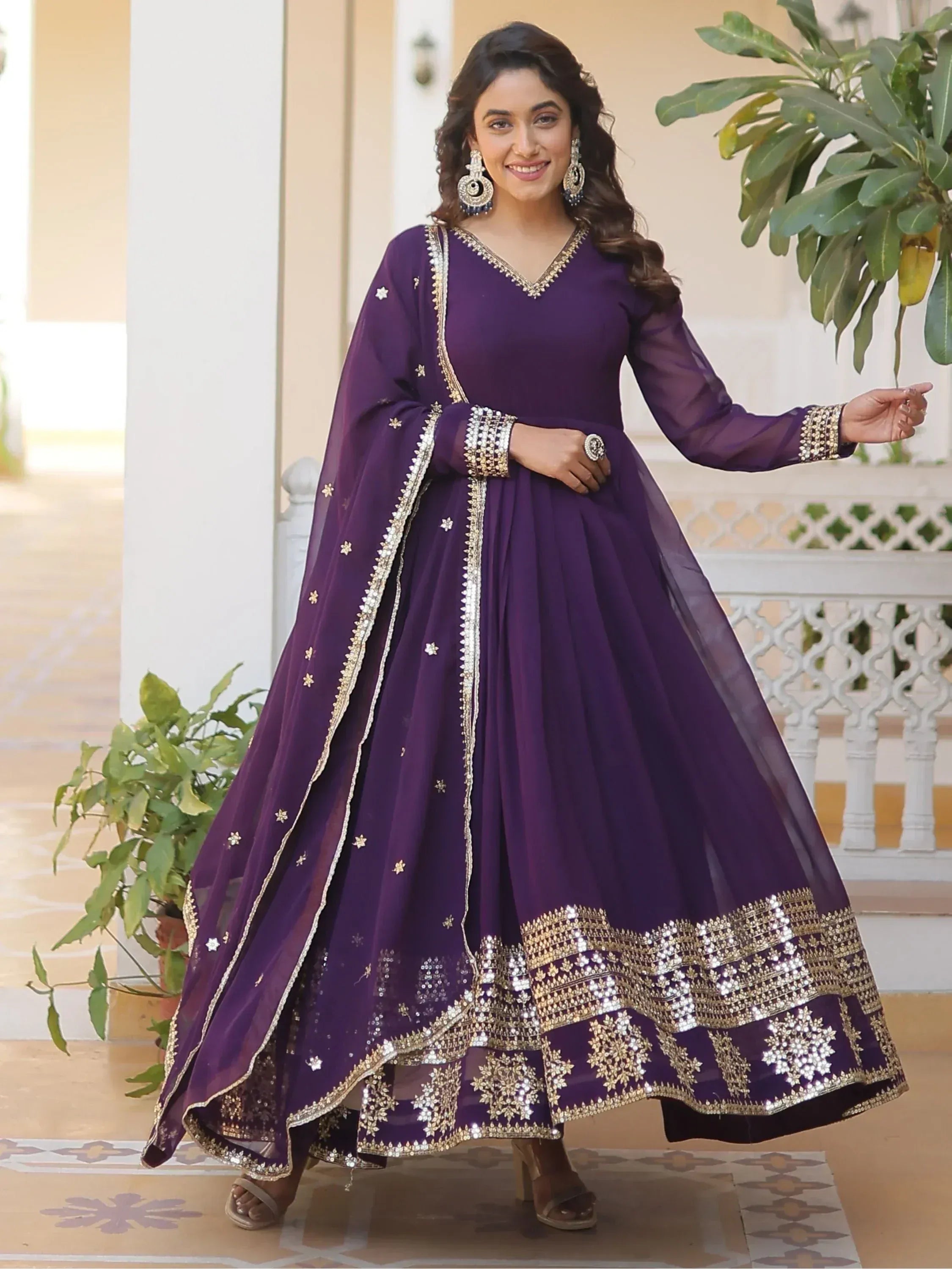 Purple designer anarkali with gold embroidery, perfect for Indian ethnic wear occasions