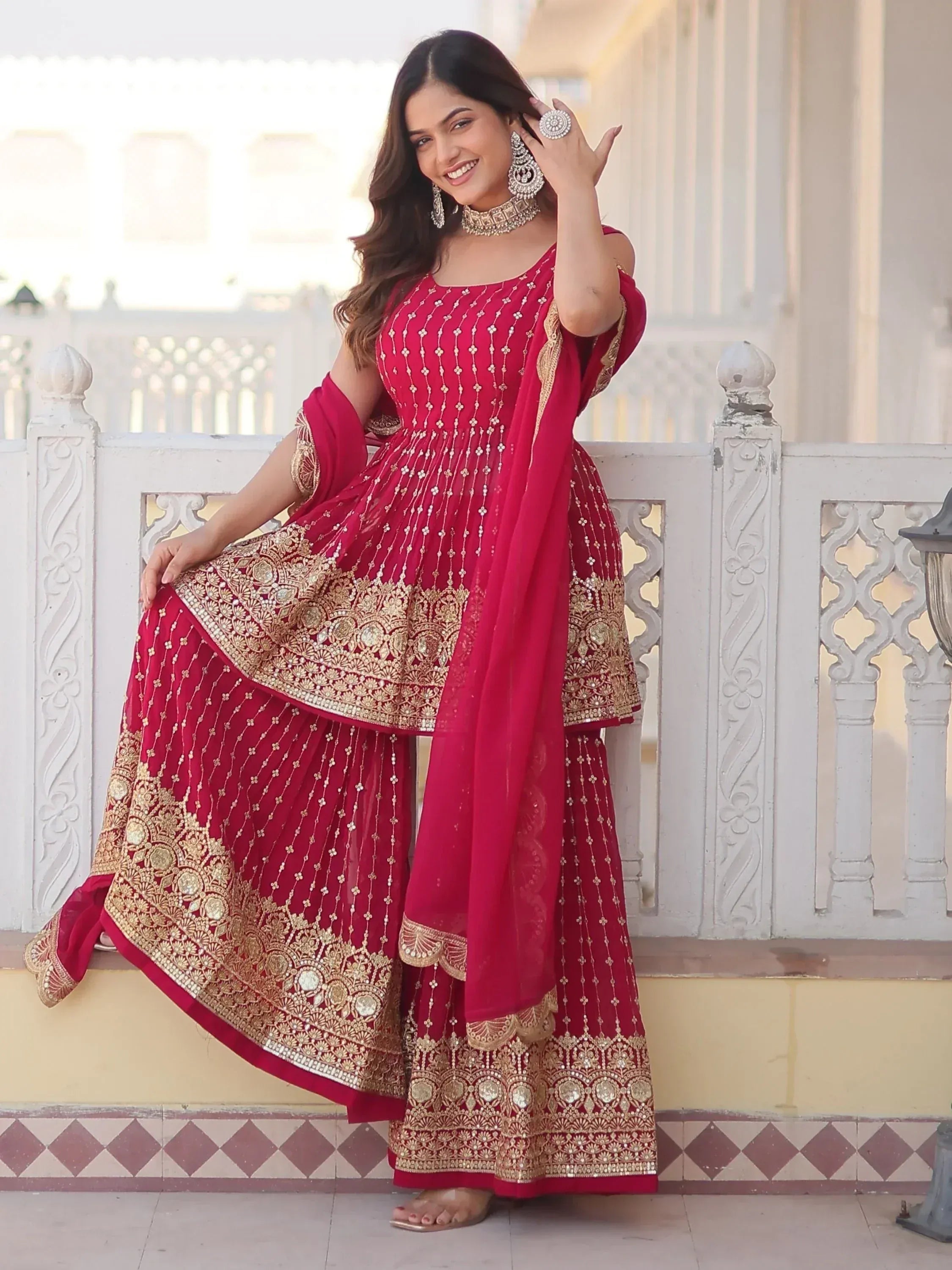 Red and gold embroidered Indian ethnic wear, designer anarkali with dupatta, perfect for weddings and festivals
