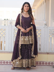 Glamorous Wine Sequins Georgette Reception Wear Sharara Suit