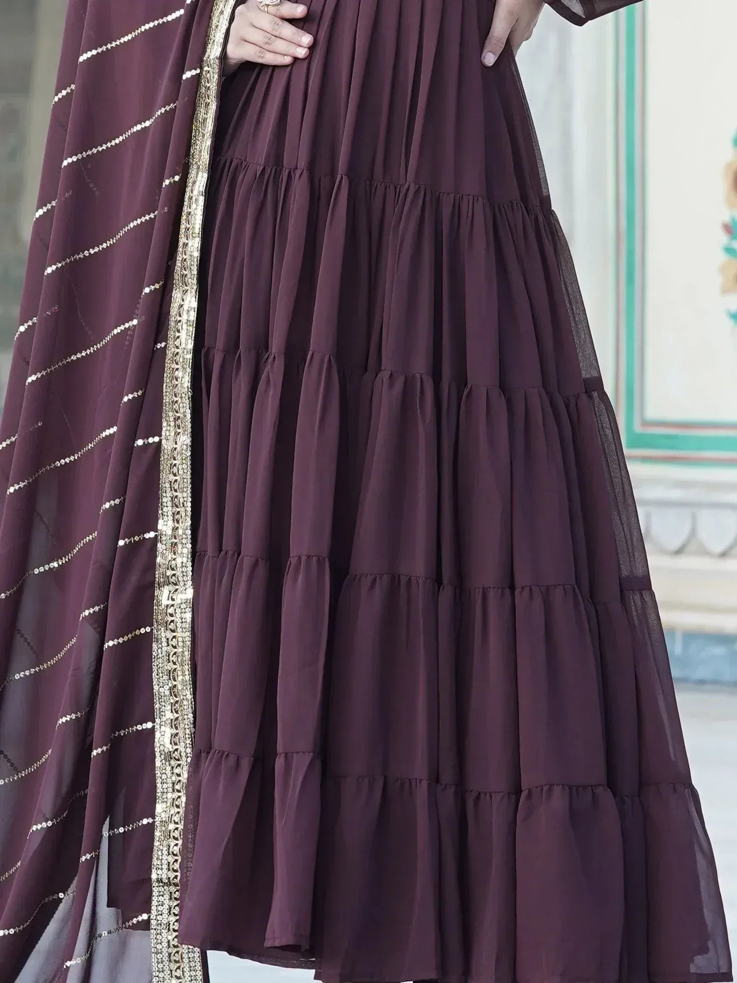 Brown tiered ethnic gown with gold embroidered dupatta, Indian festive wear