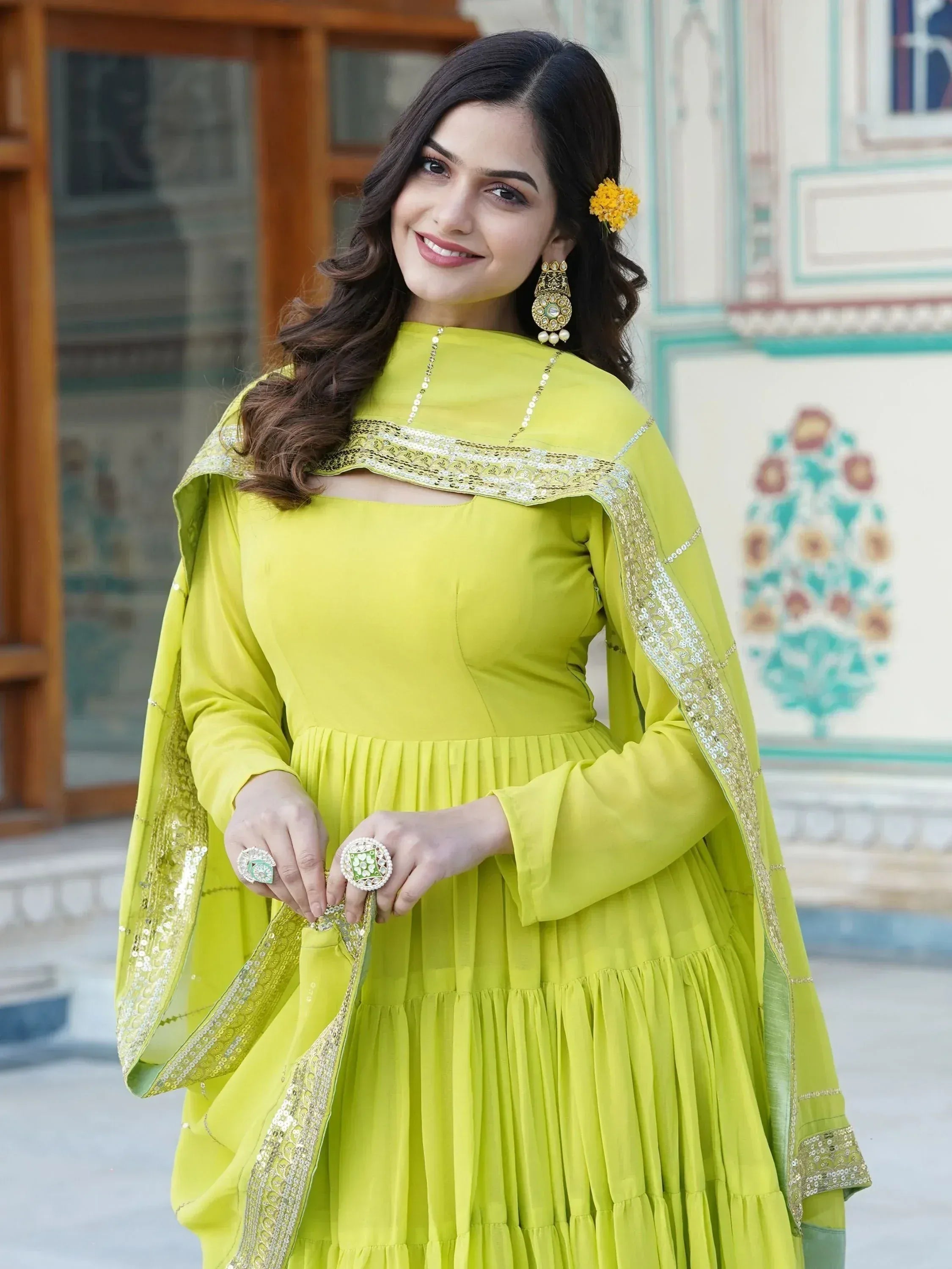 Lime green ethnic anarkali gown with gold sequin detailing, perfect for Indian festive occasions