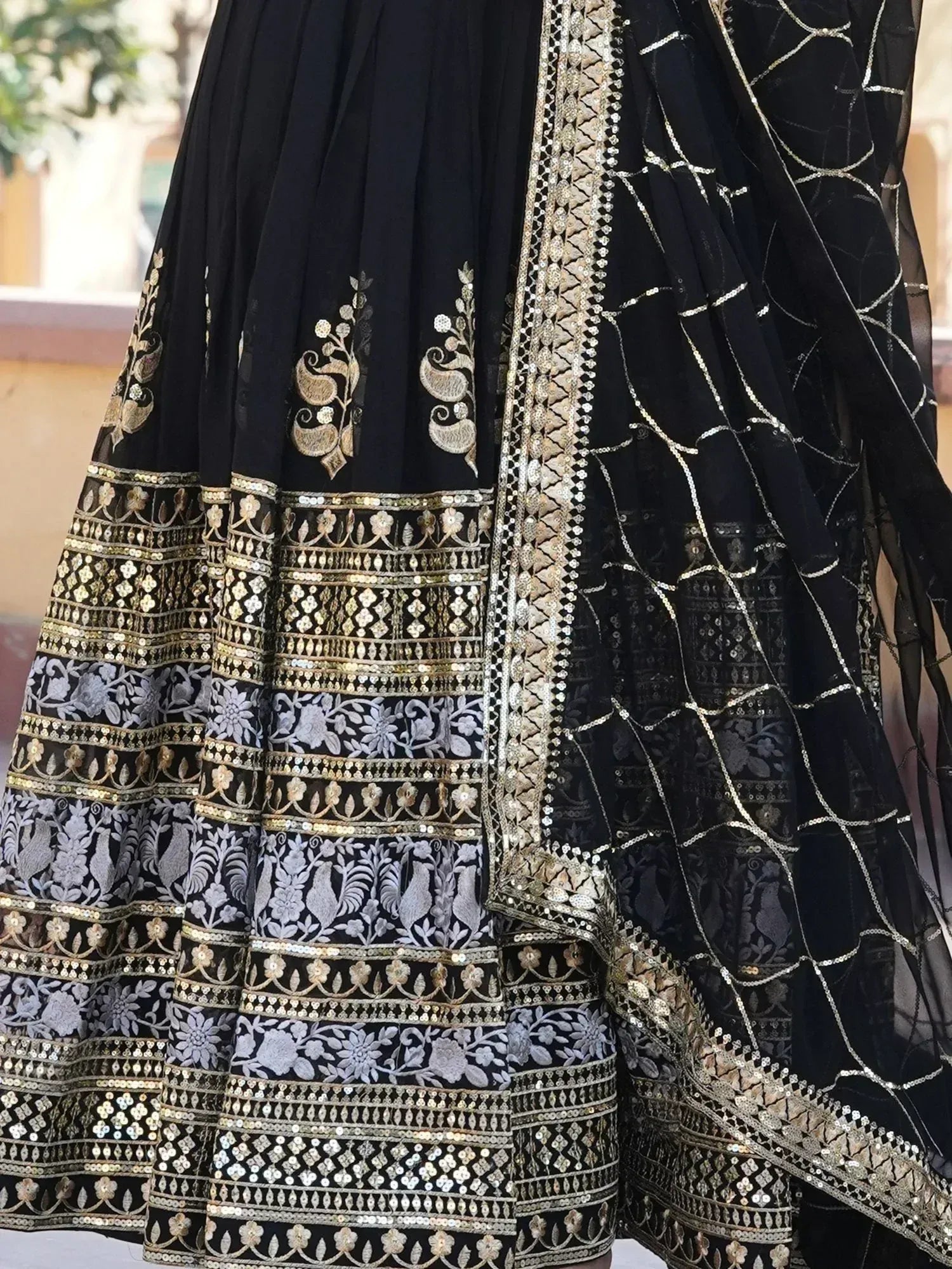 Black lehenga choli with gold embroidery and sequin work, Indian ethnic wear