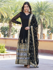 Stunning Black Sequins Georgette Reception Wear Gown With Dupatta