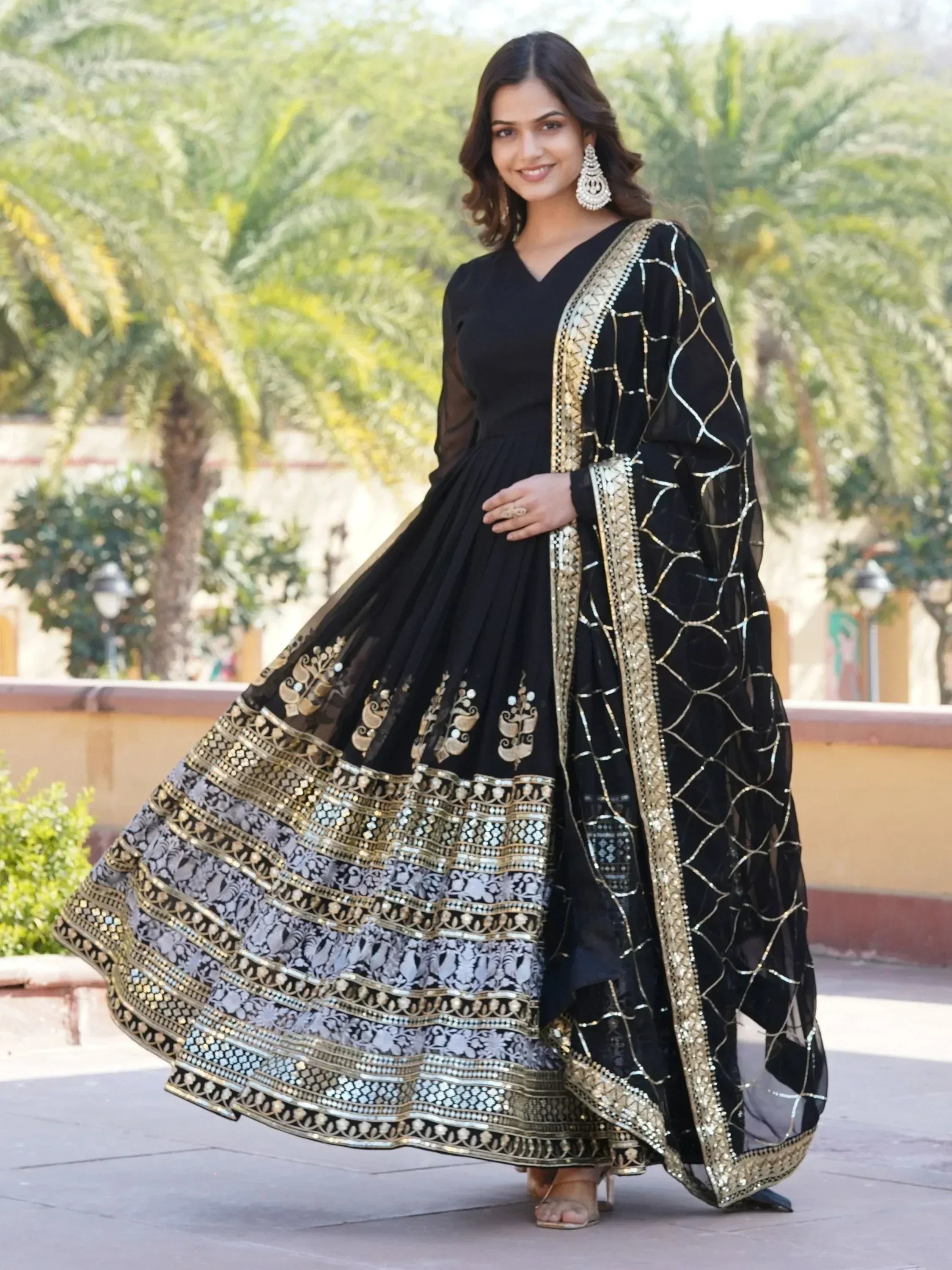 Black and gold embroidered anarkali suit with dupatta, Indian ethnic wear for women