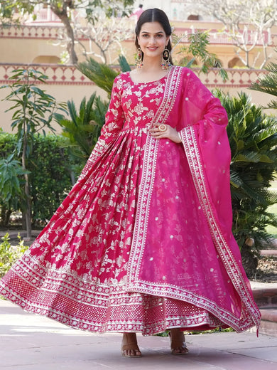 Magnetic Pink Embroidered Jacquard Function Wear Gown With Dupatta
