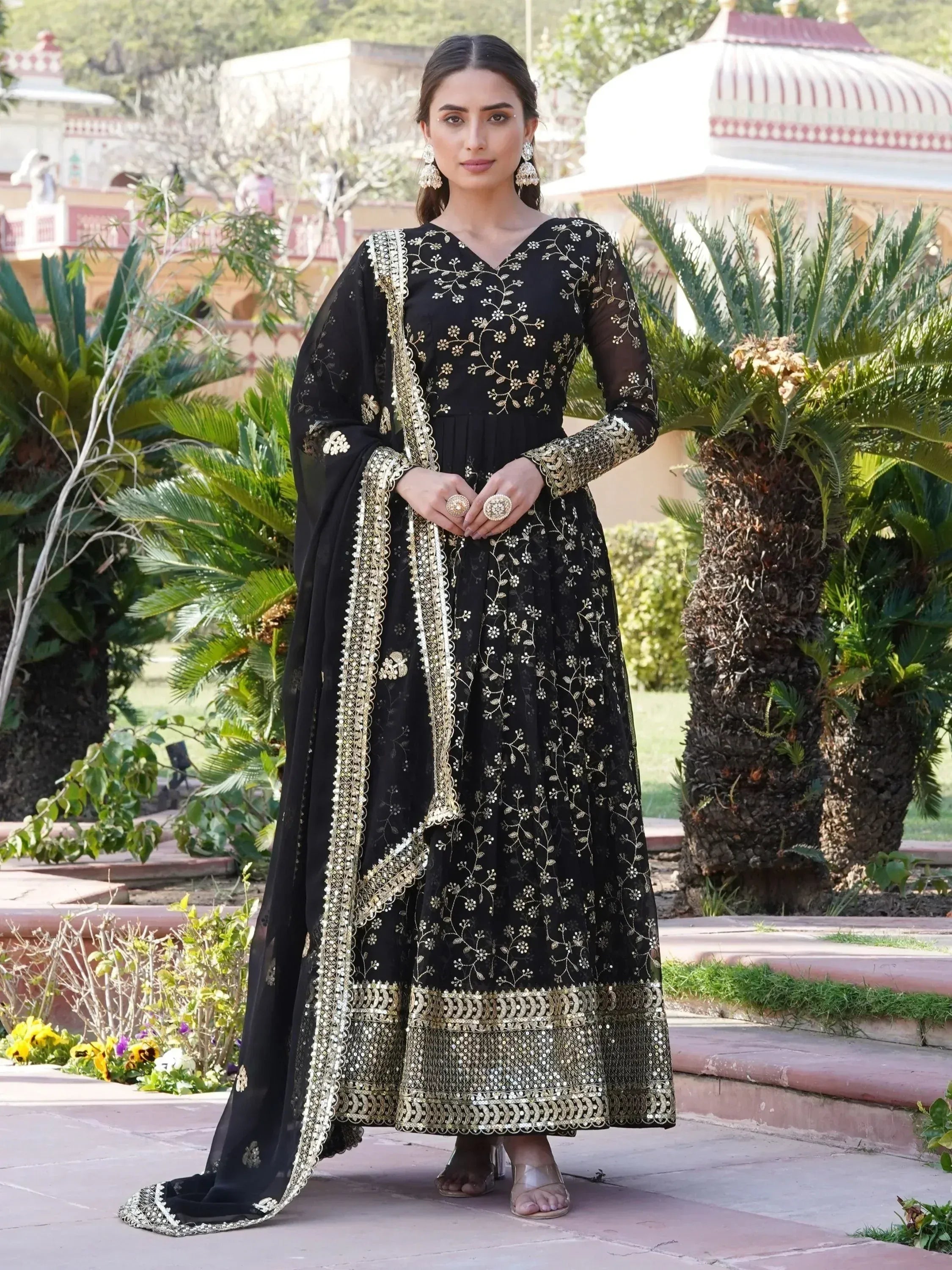 Black embroidered anarkali with gold detailing, perfect for Indian ethnic wear occasions