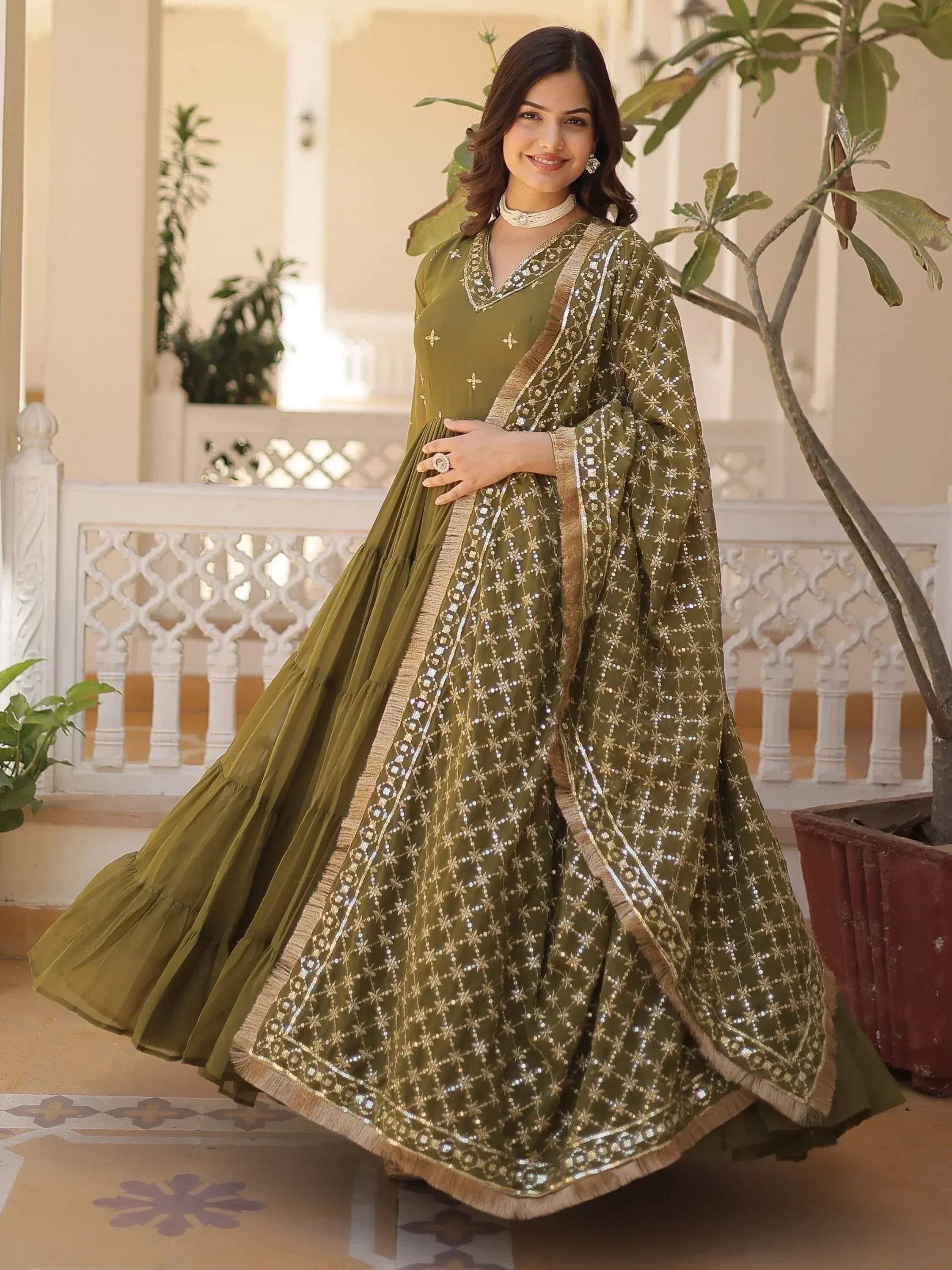Olive green designer anarkali with gold sequin work, perfect for Indian ethnic occasions
