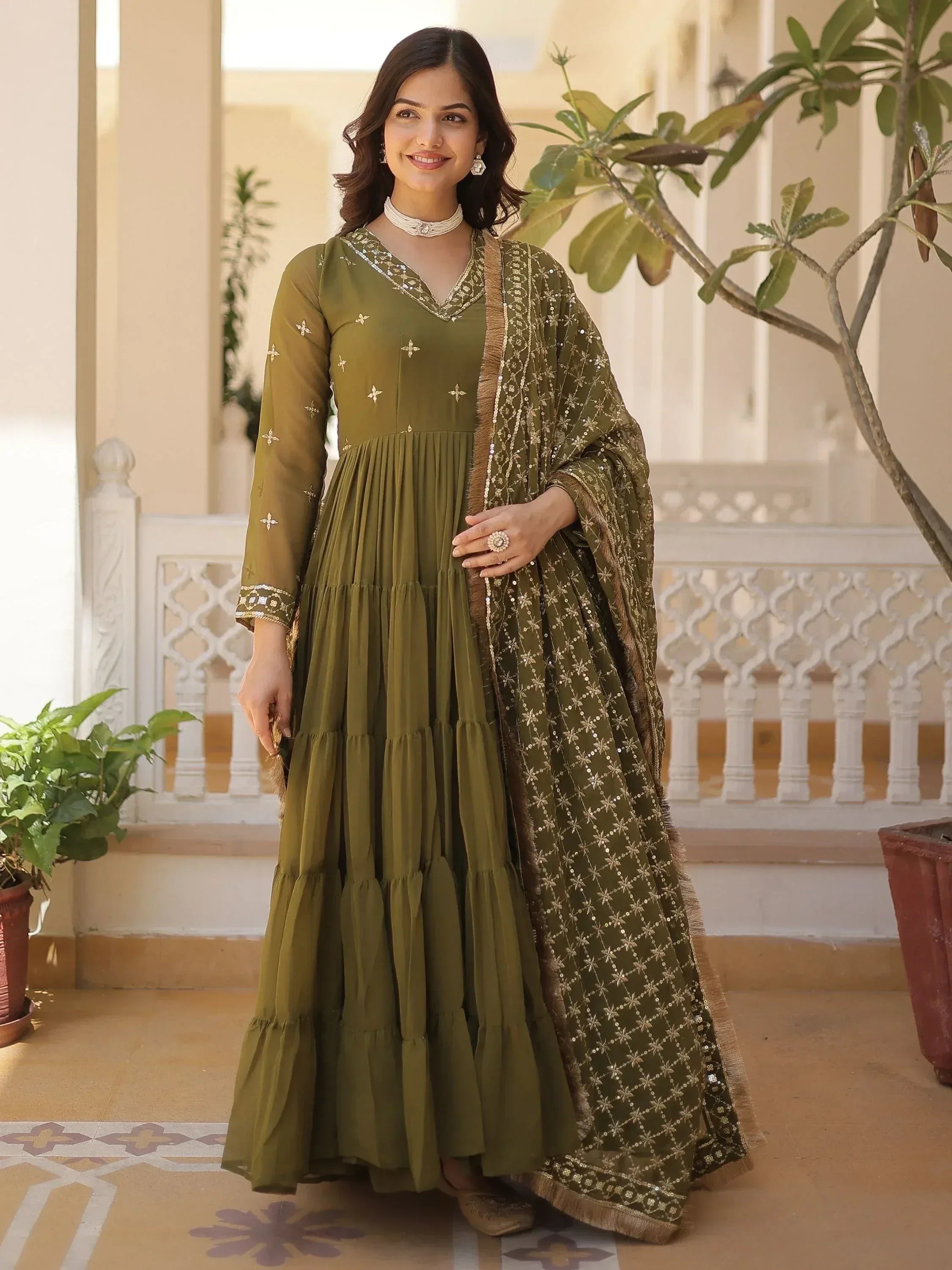 Olive green embroidered anarkali suit with sequin dupatta, Indian ethnic wear for women