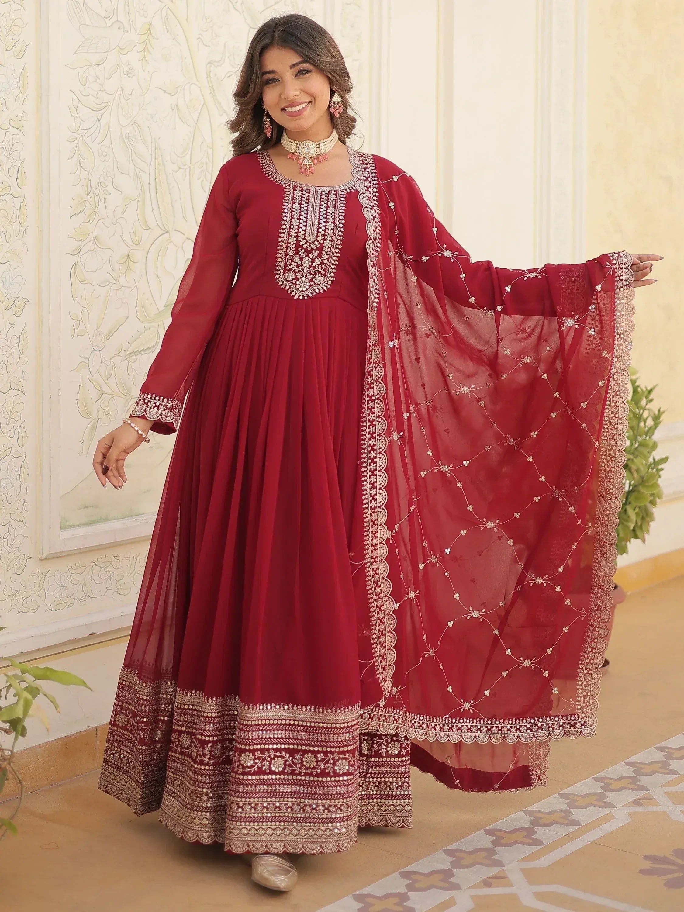 Maroon embroidered anarkali suit with dupatta, Indian ethnic wear for women