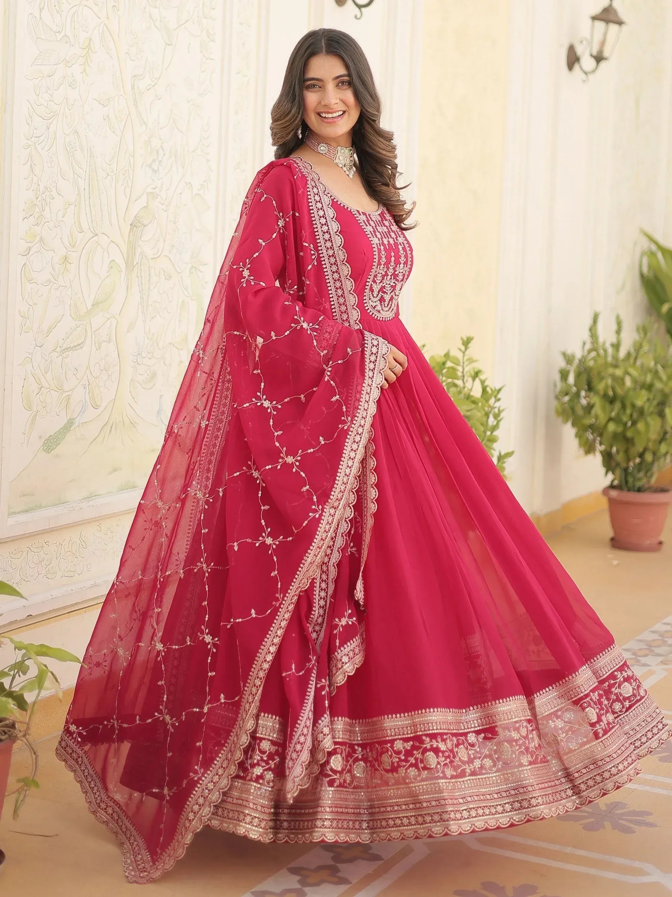 Pink embroidered anarkali suit with dupatta, Indian ethnic wear for women