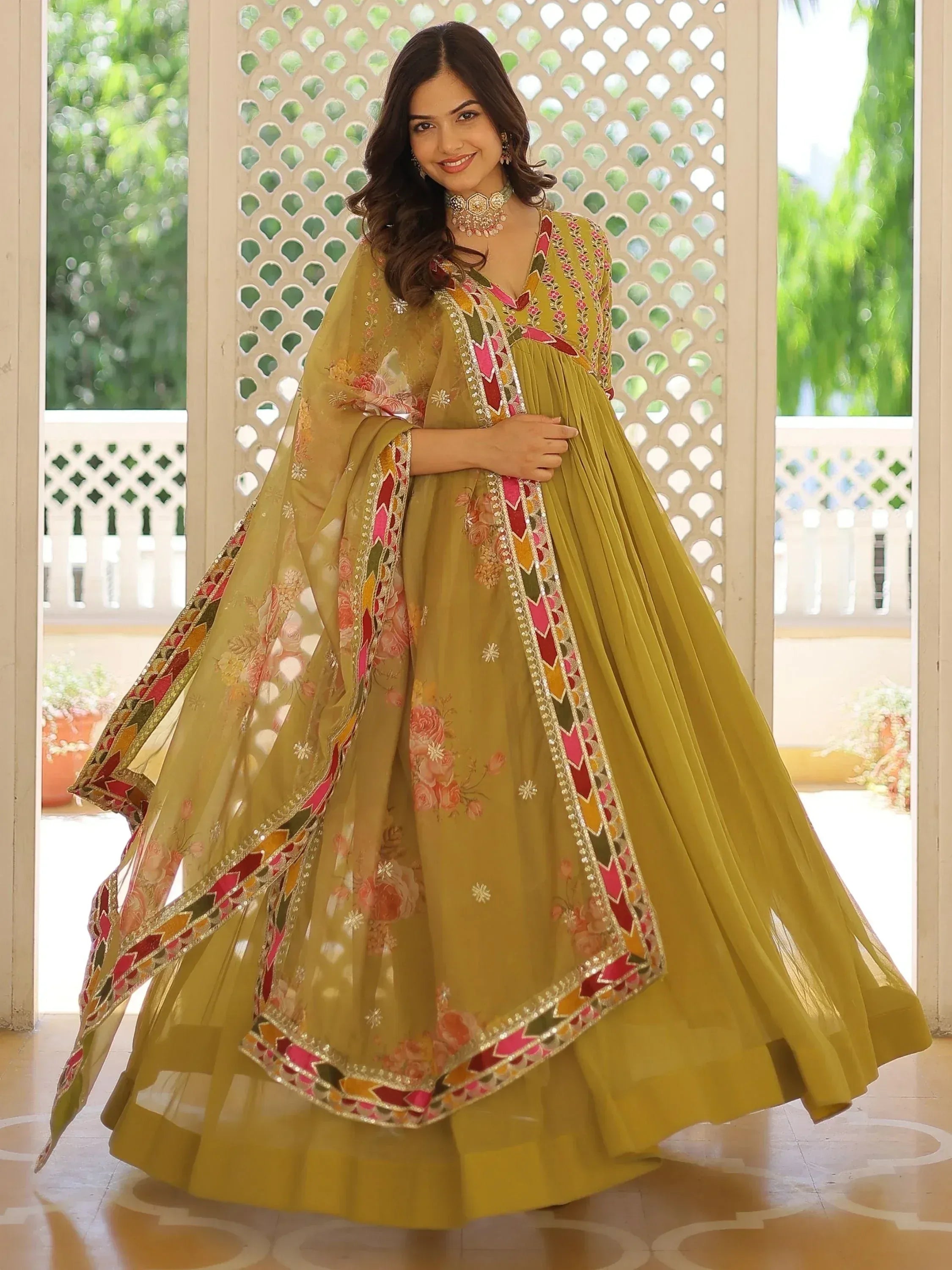 Mustard yellow floral embroidered anarkali suit with dupatta, Indian ethnic wear for women