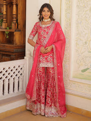Woman wearing pink embroidered Indian ethnic sharara suit with dupatta, Ethnic Plus