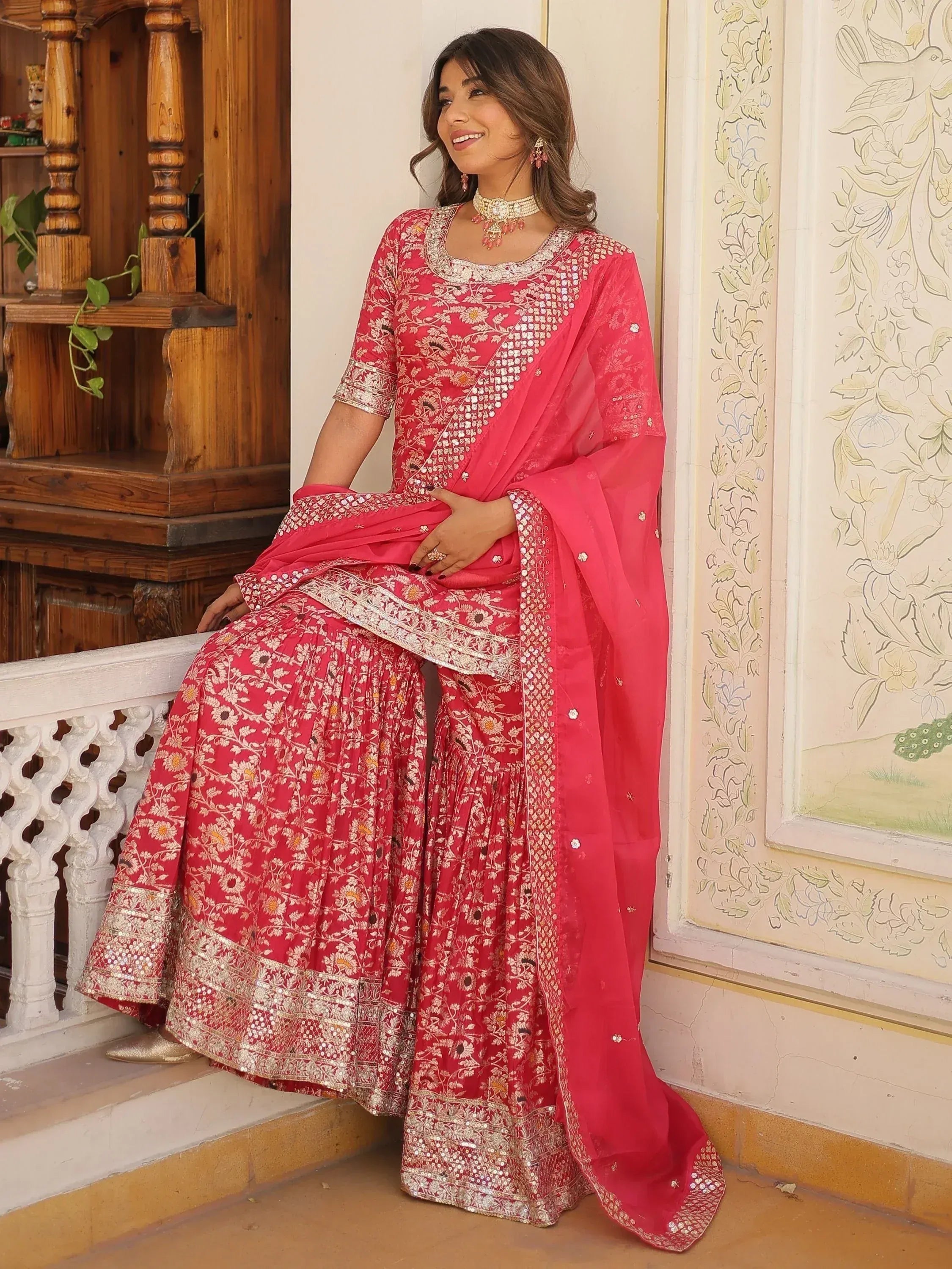 Pink floral embroidered lehenga choli with dupatta, Indian ethnic wear for women