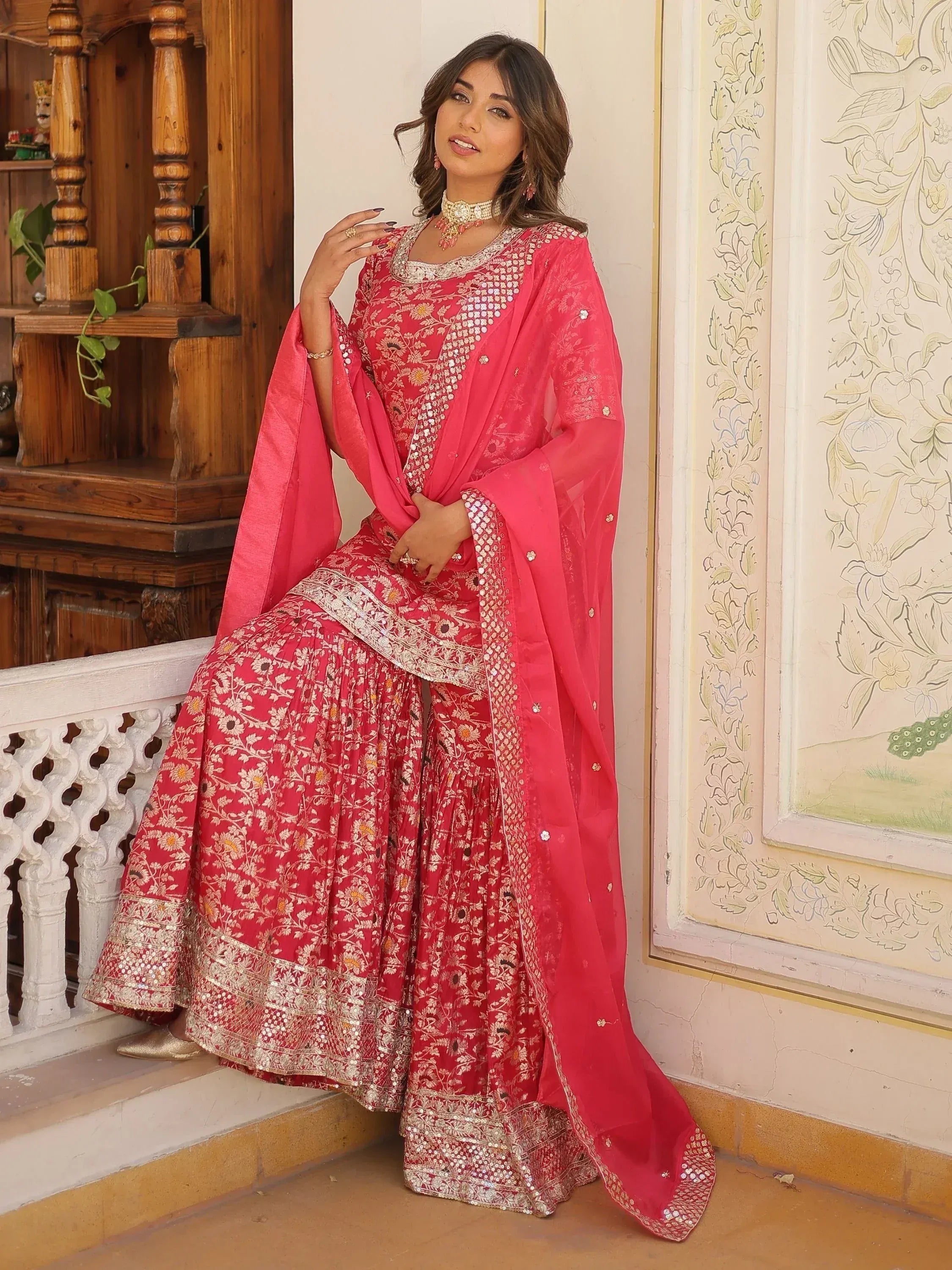 Pink floral embroidered lehenga choli with sequin detailing, perfect for Indian ethnic occasions