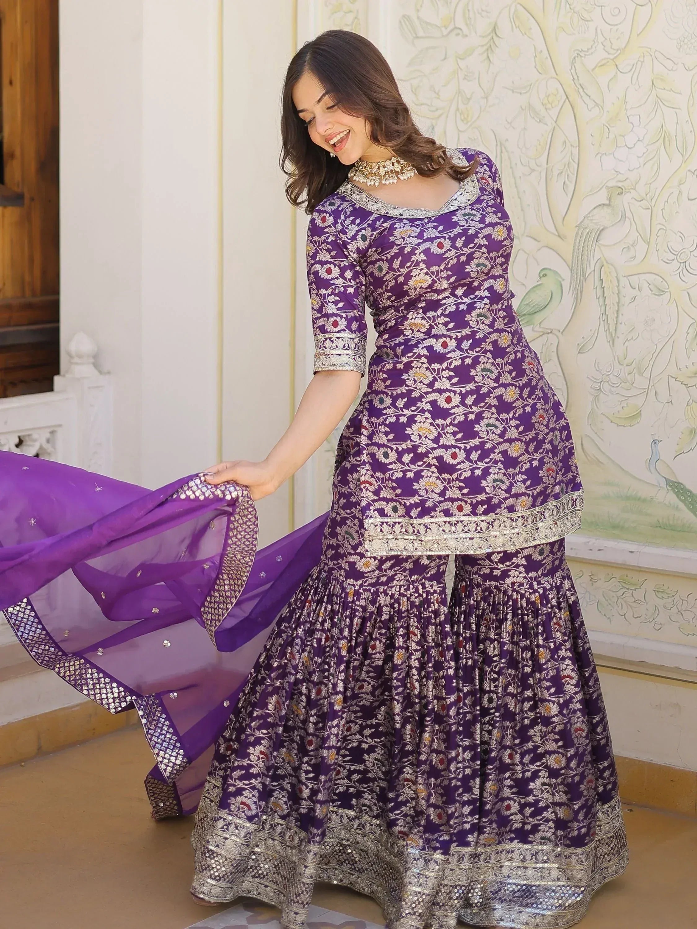 Purple floral embroidered lehenga choli with dupatta, Indian ethnic wear for women