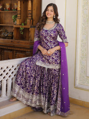Woman in purple embroidered lehenga choli with dupatta, Indian ethnic wear from Ethnic Plus